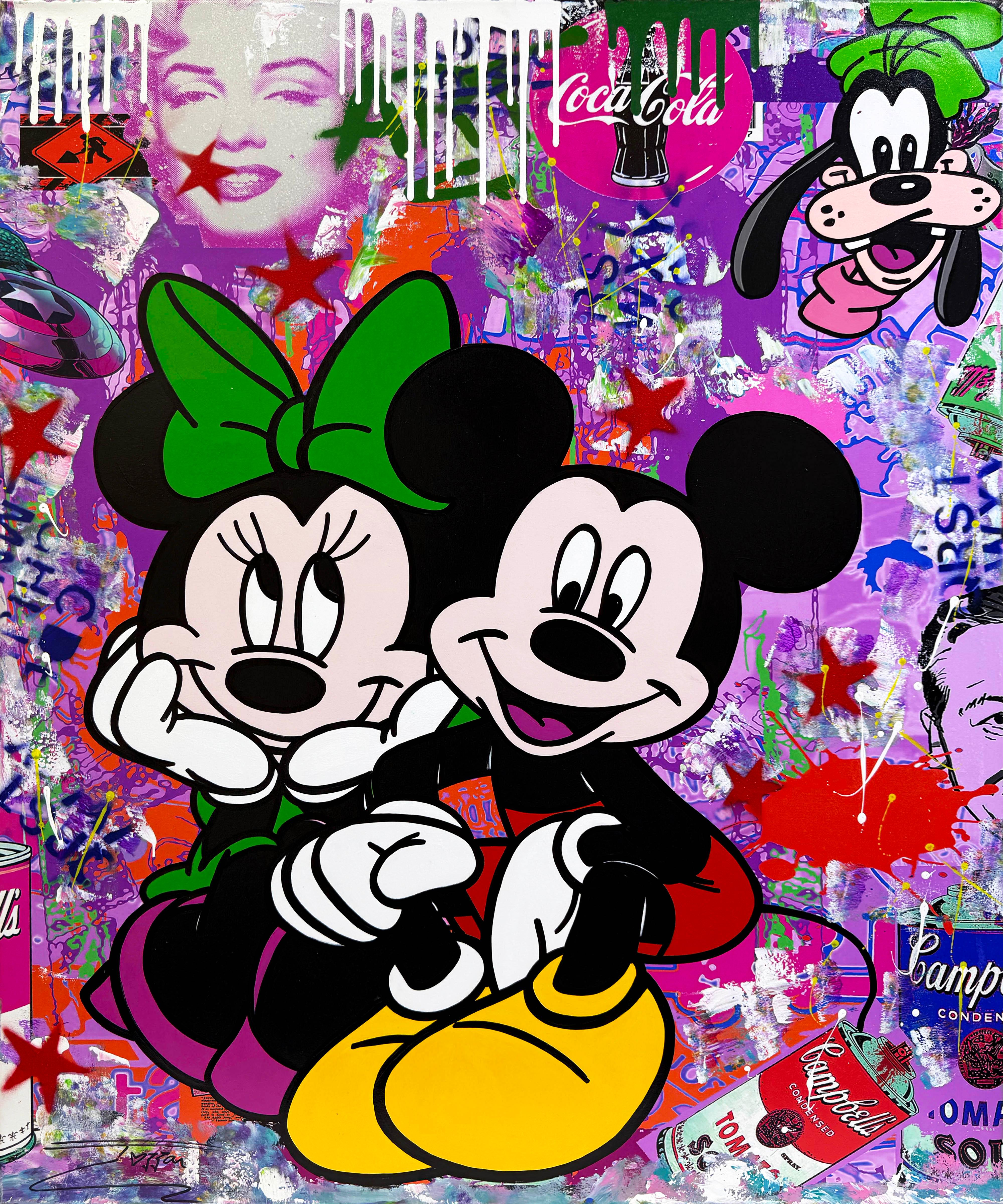 Jozza Portrait Painting - Contemplation (Mickey Minnie Mouse), large original painting