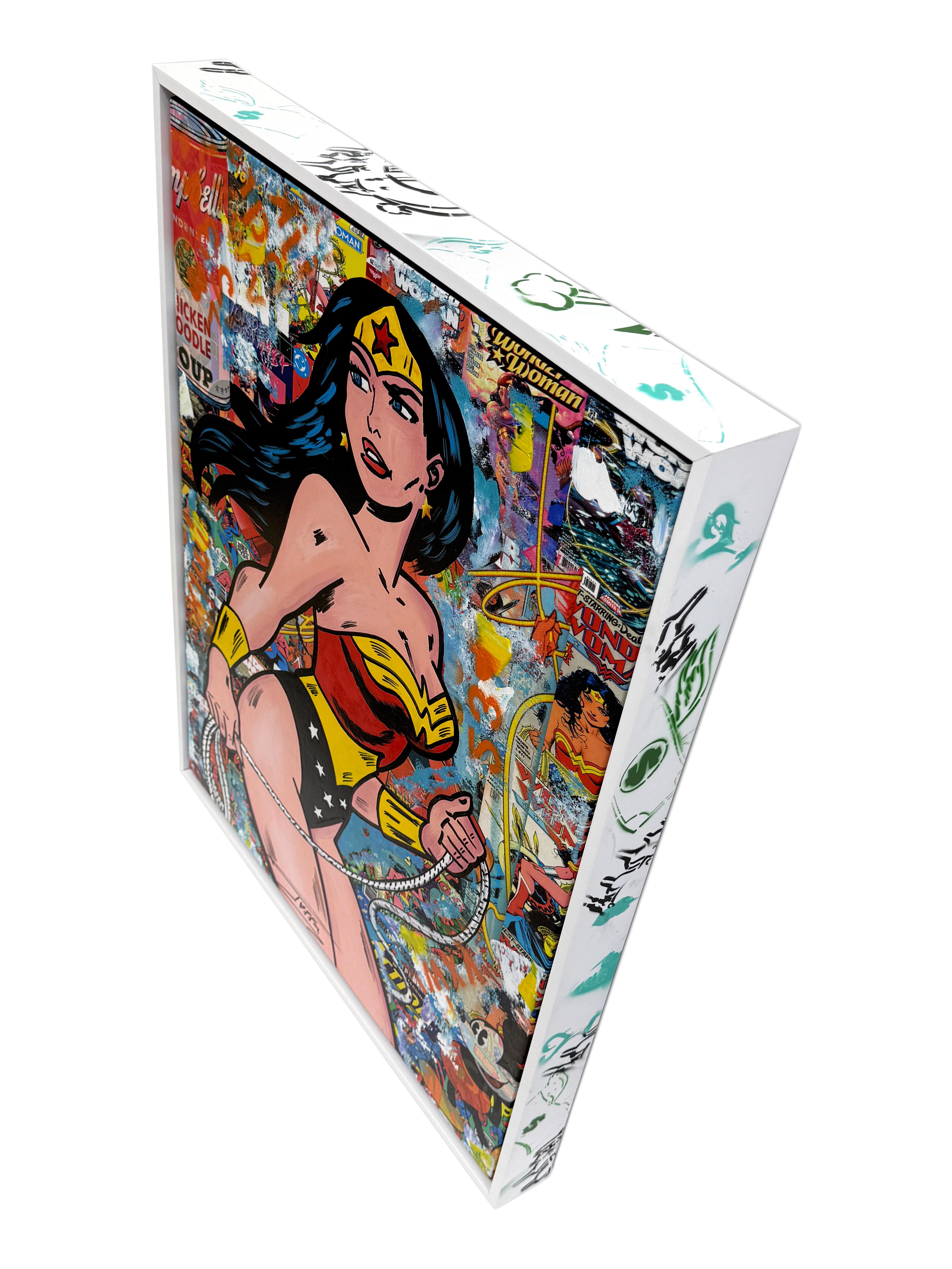 Diana (Wonder Woman), Original-Gemälde mit speziell angefertigtem Rahmen (Beige), Figurative Painting, von Jozza