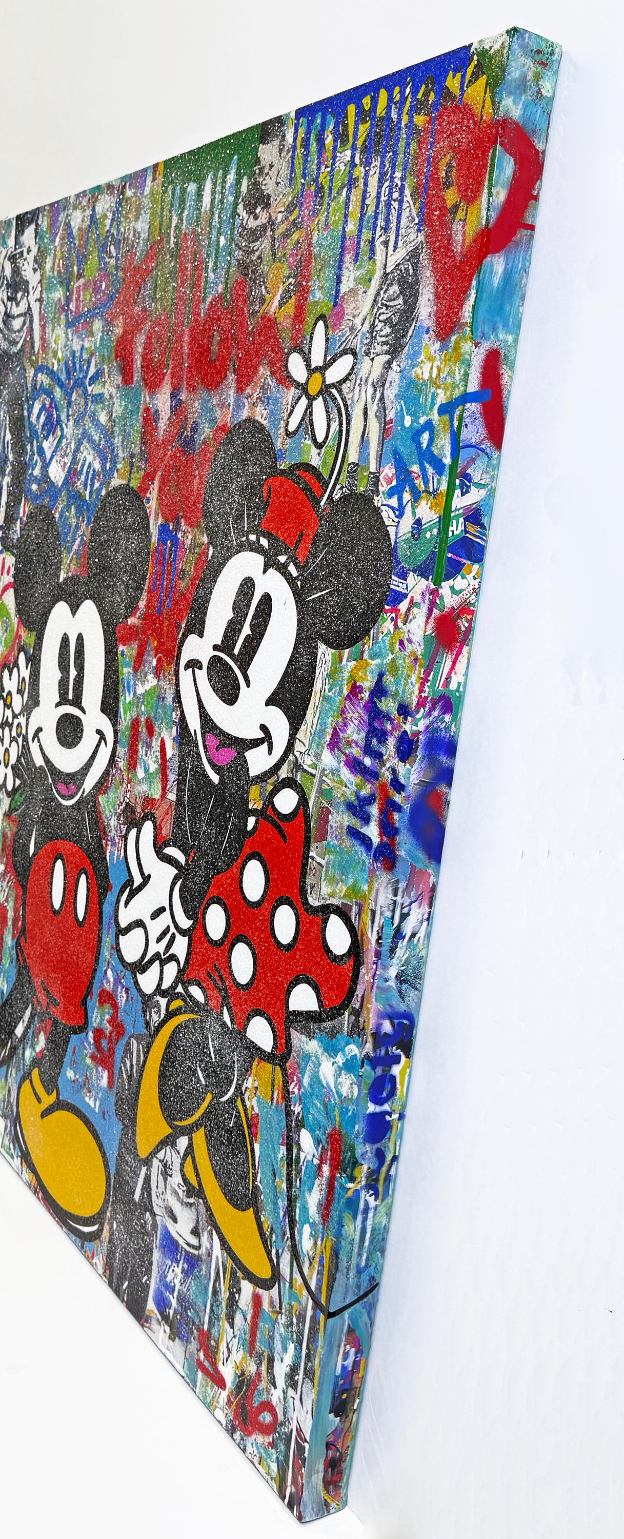 Follow Your Dream (Mickey Minnie Mouse), original painting with diamond dust - Painting by Jozza