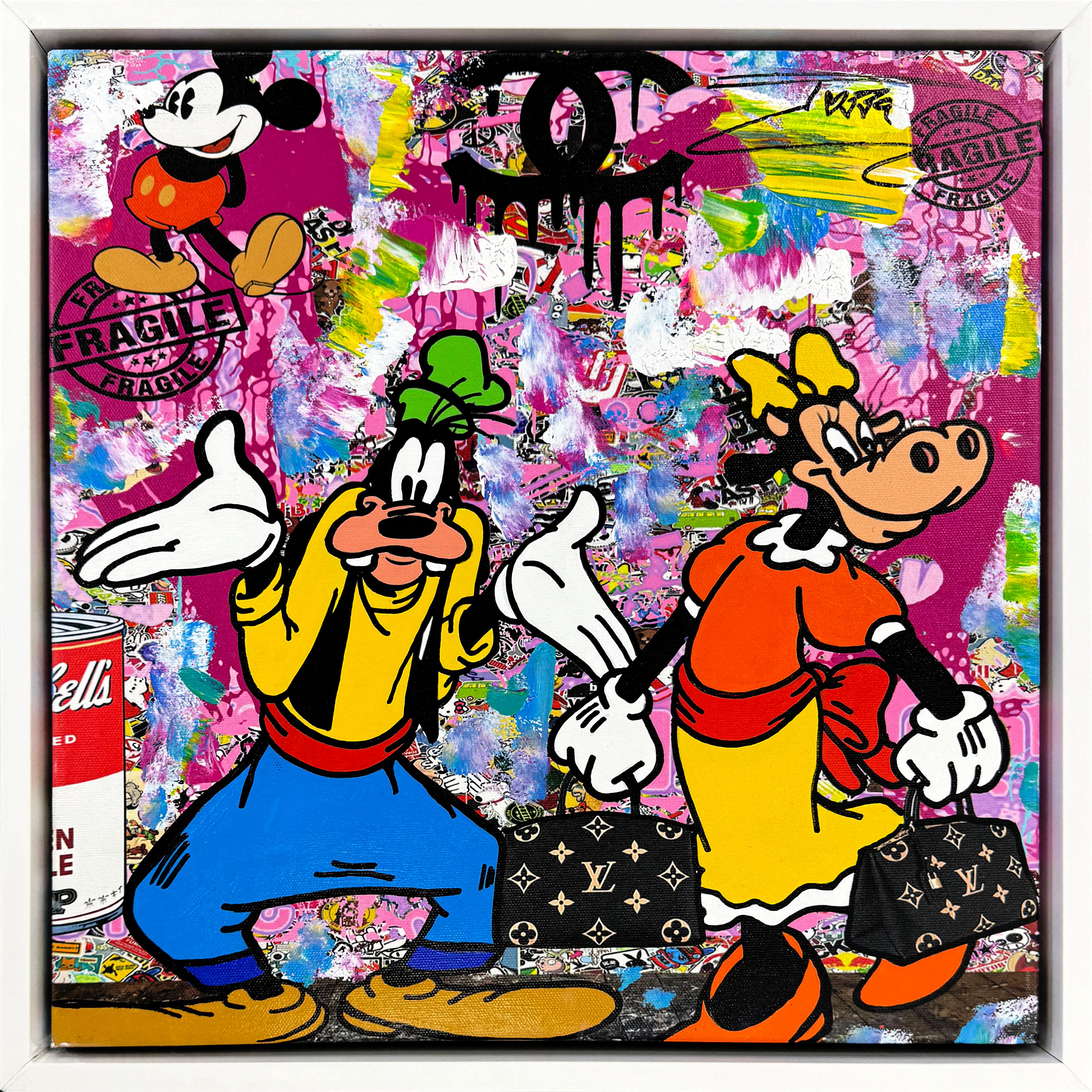Jozza Figurative Painting – Going Shop (Goofy & Clarabelle), gerahmtes Originalgemälde