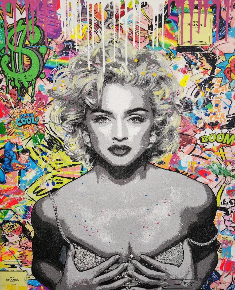 JOZZA 'CHANEL N.5' ACRILICO ORIGINALE CON POLVERE DI DIAMANTE SU TELA 48'X40 - Painting di Jozza