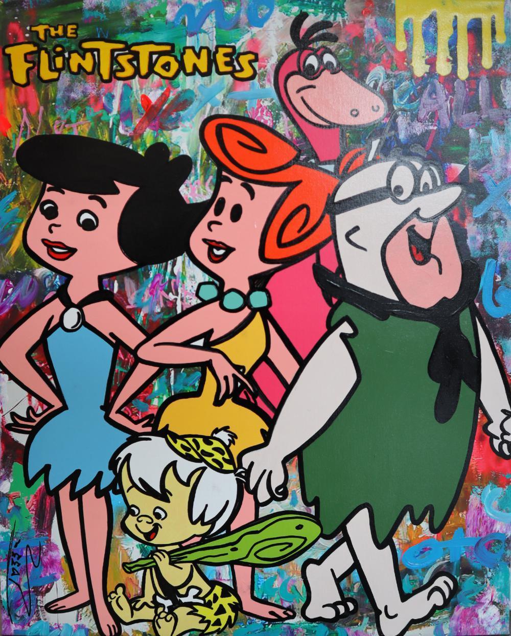 Interior Painting di Jozza - JOZZA, 'THE FLINSTONES' TELA ACRILICA A TECNICA MISTA ORIGINALE, 2024, 24".