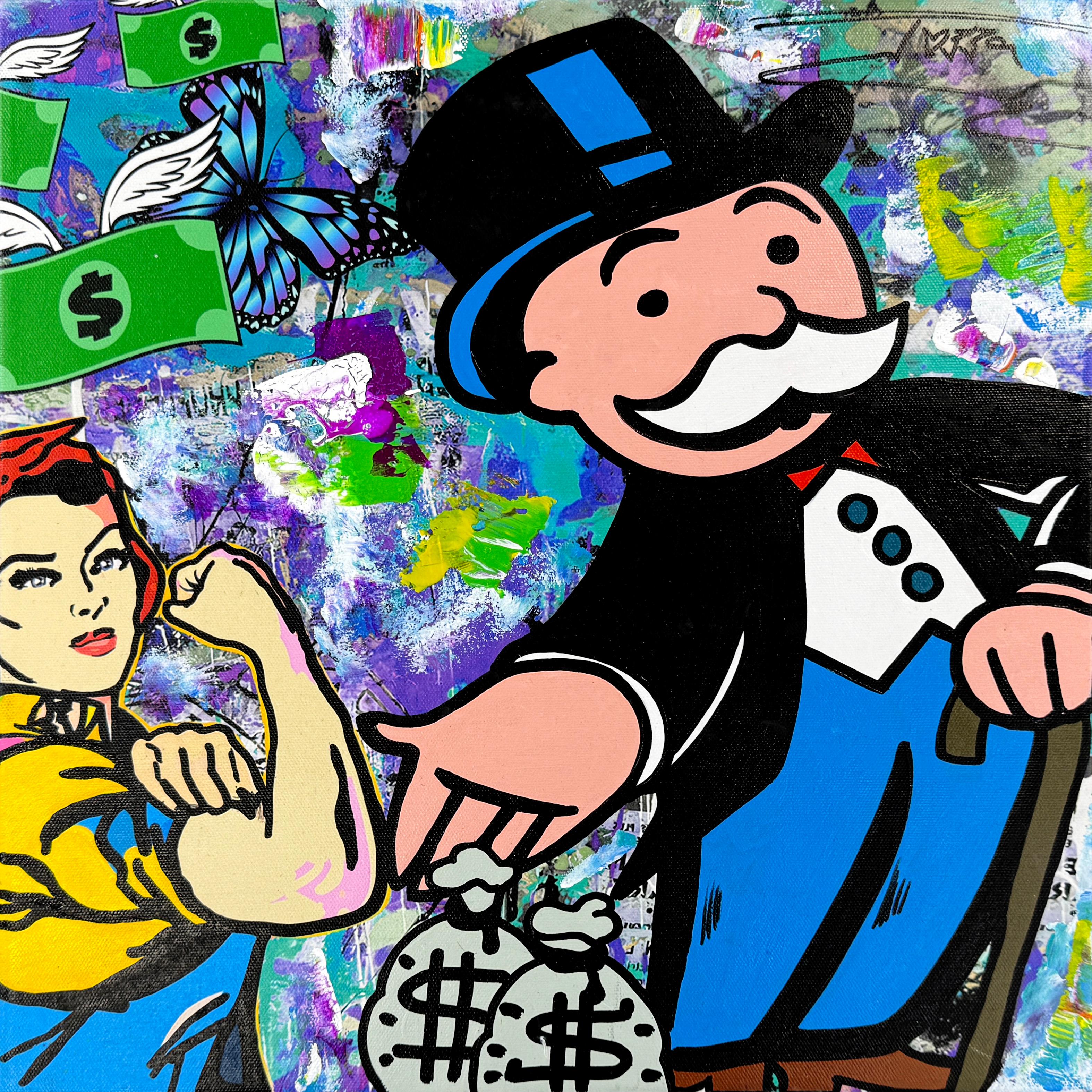 Geldsäcke (Monopoly), gerahmtes Originalgemälde – Painting von Jozza