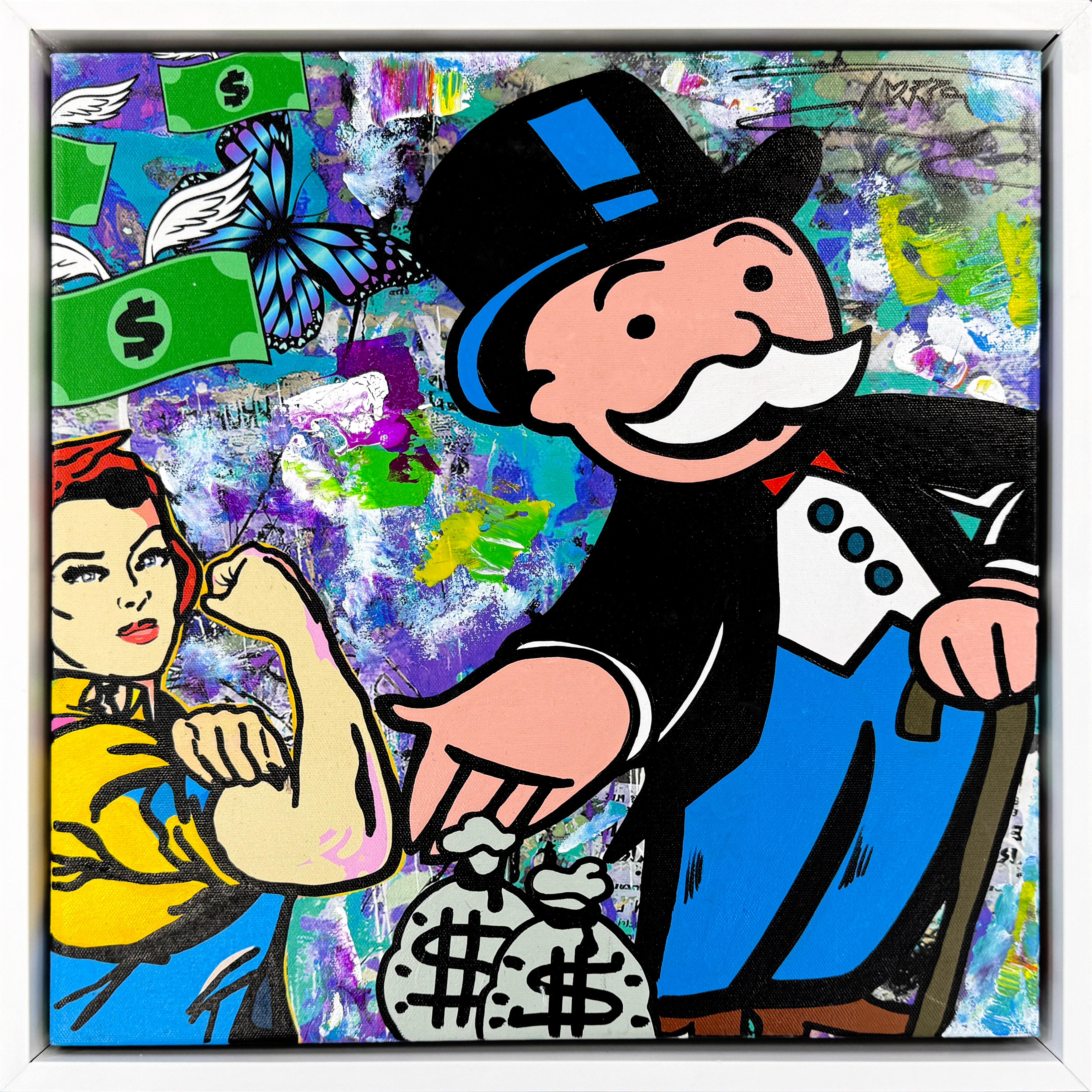 Jozza Figurative Painting – Geldsäcke (Monopoly), gerahmtes Originalgemälde