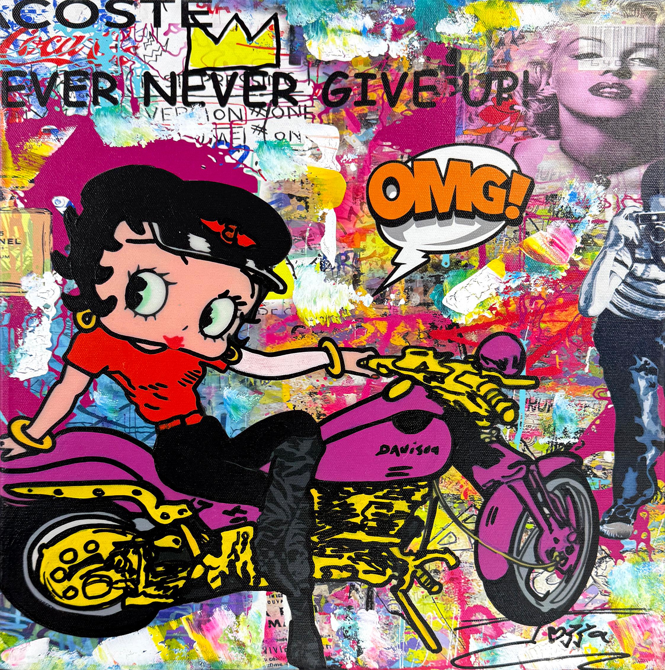 Meine Harley (Betty Boop), gerahmtes Originalgemälde – Painting von Jozza