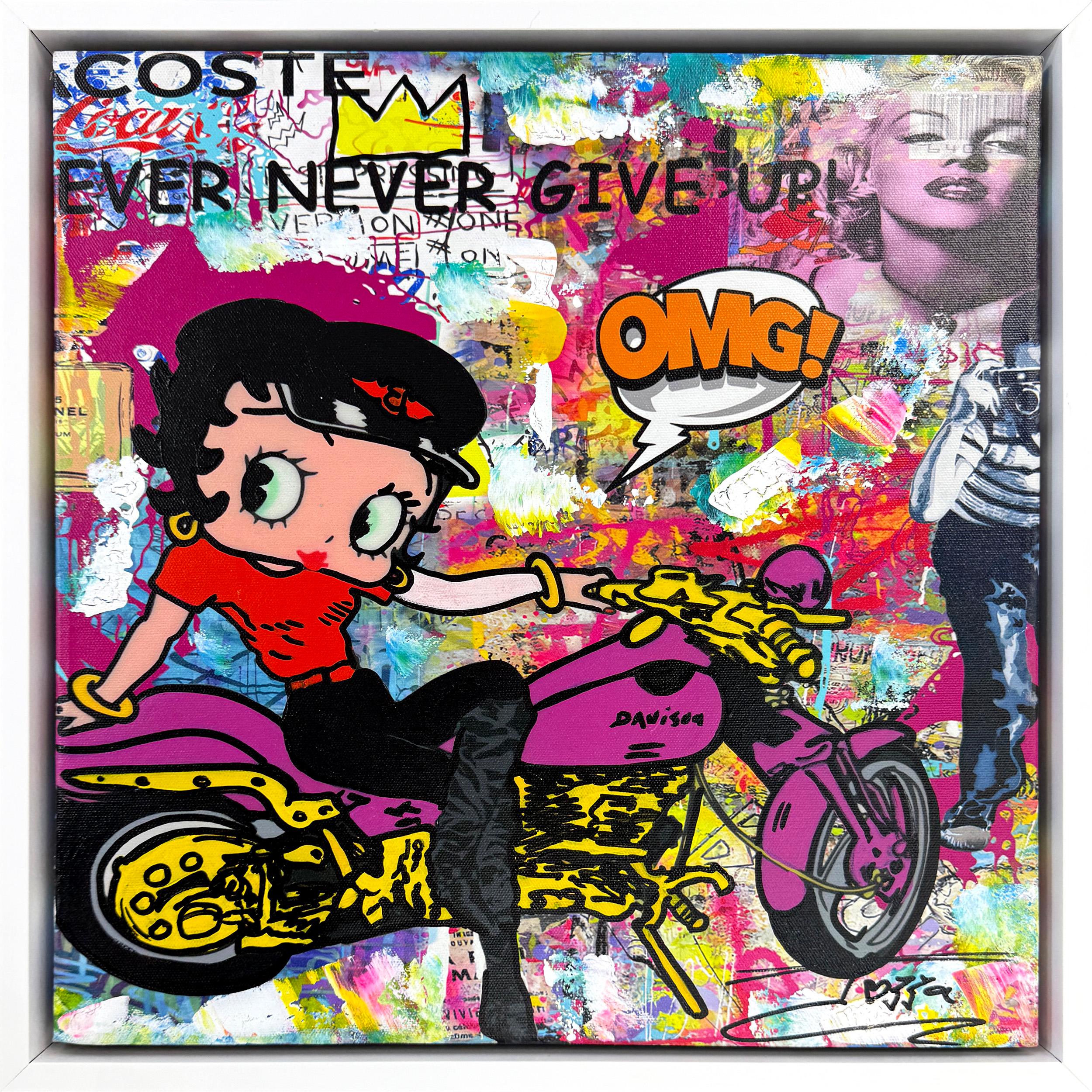 Jozza Figurative Painting – Meine Harley (Betty Boop), gerahmtes Originalgemälde