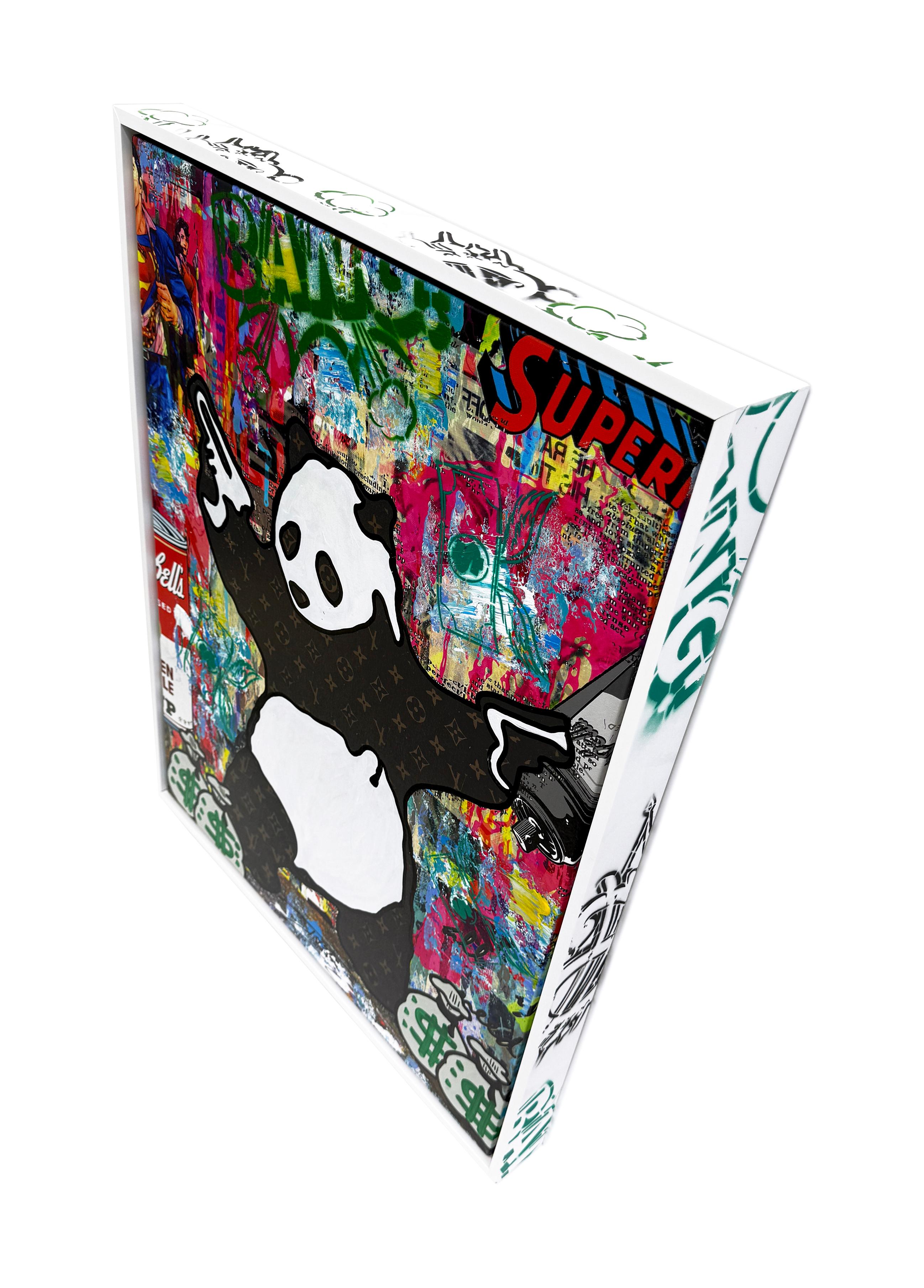 Panda Bowl (peinture originale avec cadre peint sur mesure) - Art urbain Painting par Jozza
