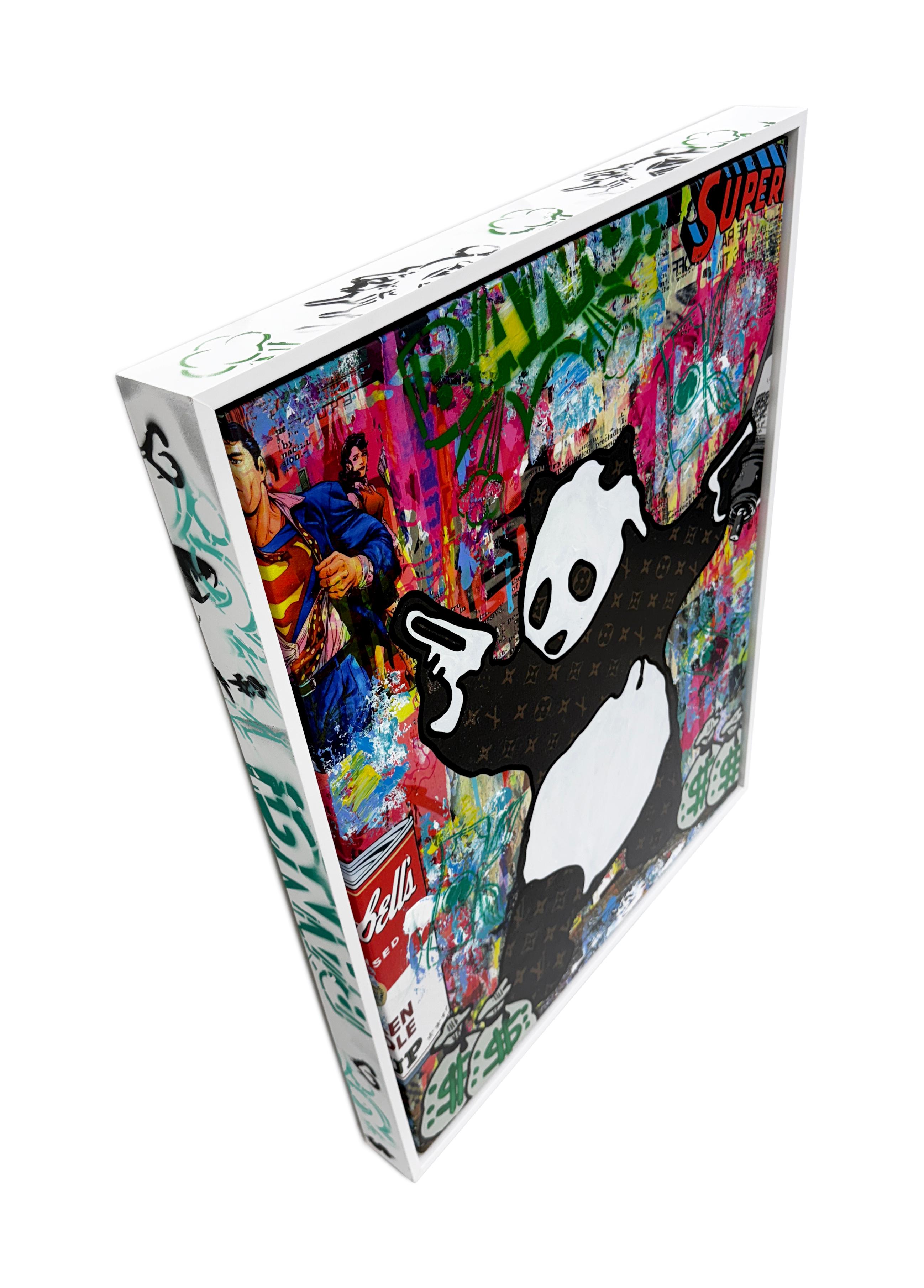 Panda Bowl (peinture originale avec cadre peint sur mesure) - Noir Figurative Painting par Jozza