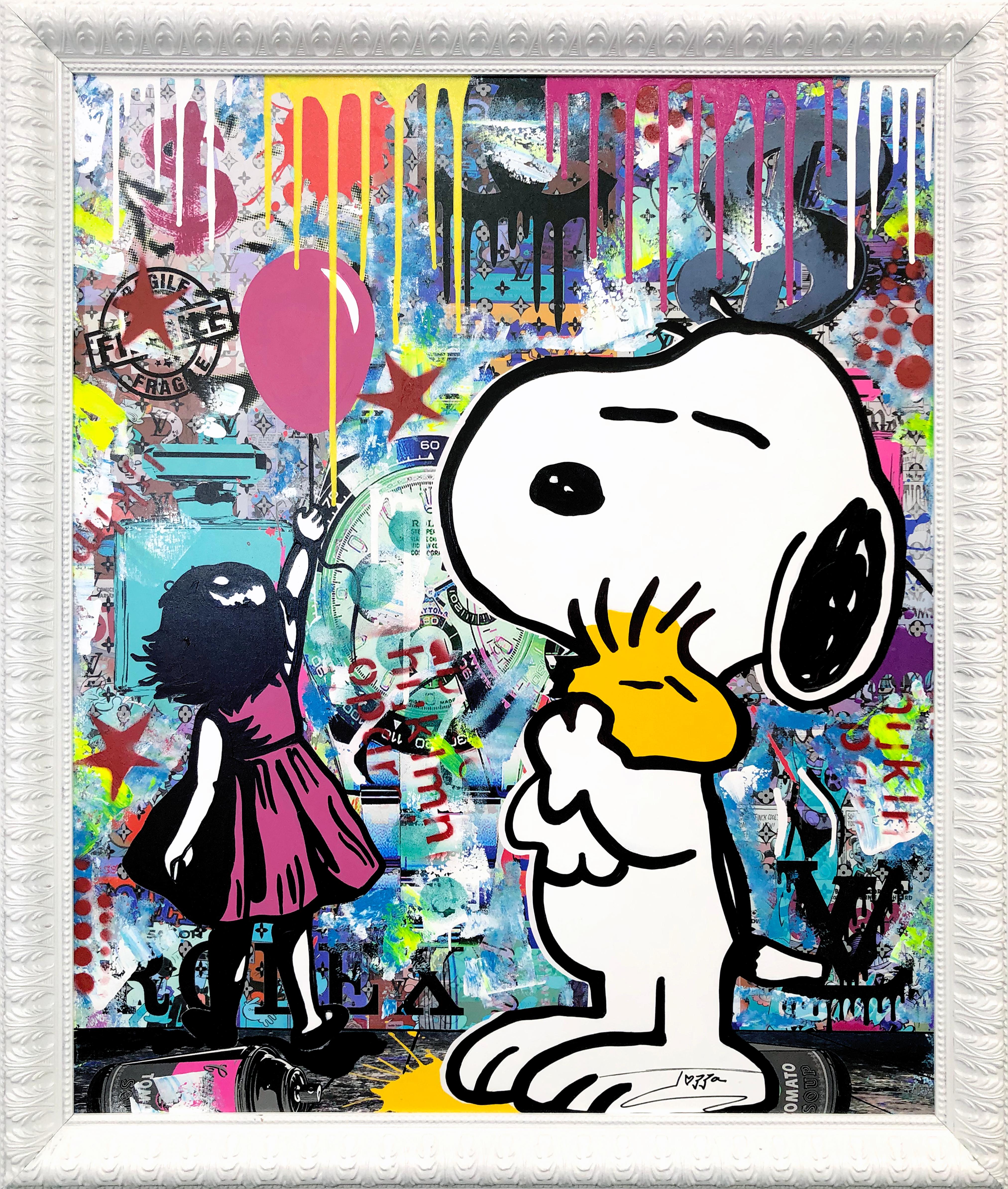 Portrait Painting di Jozza - Palloncino rosa (Banksy Snoopy), quadro originale di grandi dimensioni