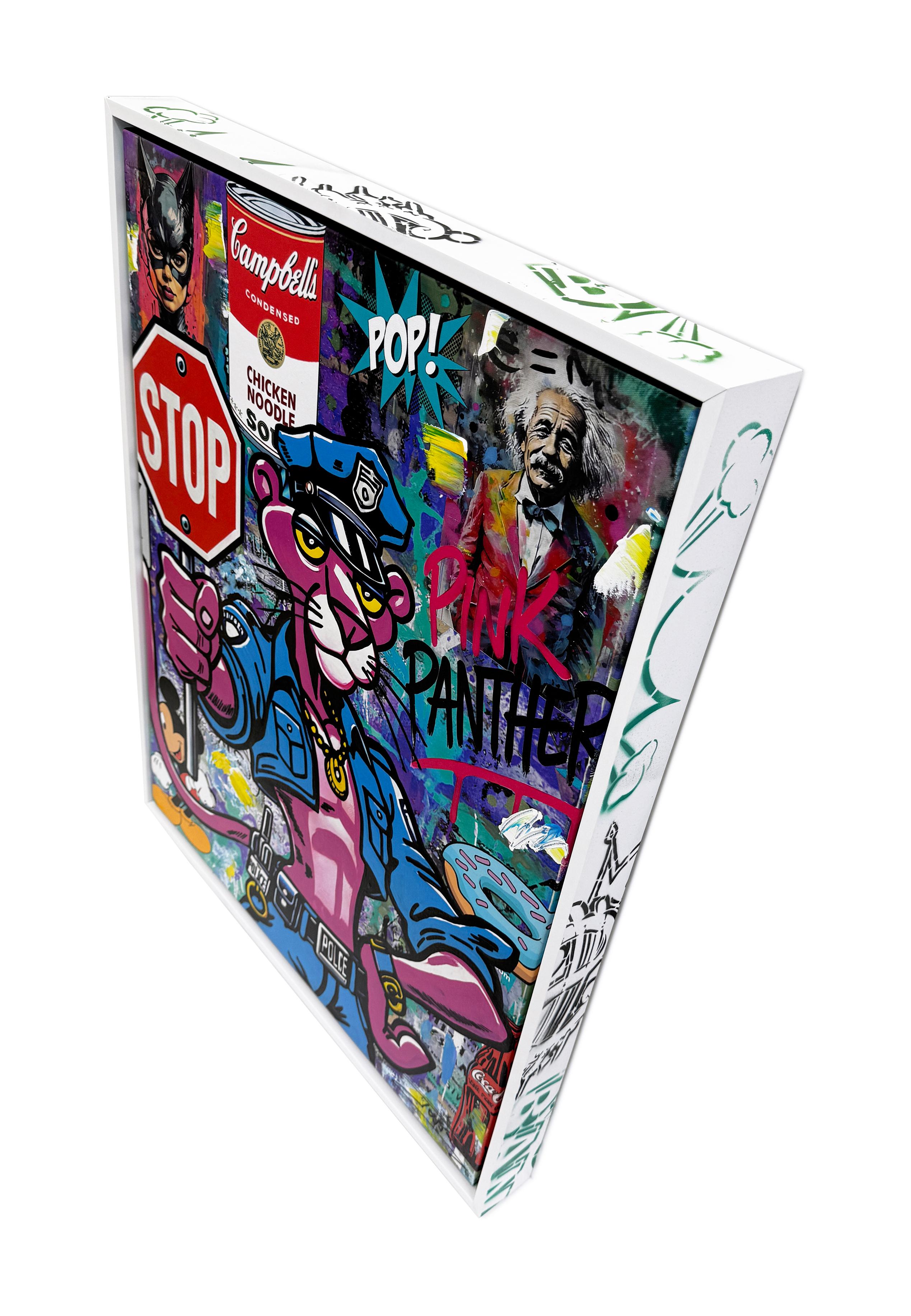 Pink Law (Pantera Rosa), dipinto originale con cornice personalizzata - Painting Street Art di Jozza