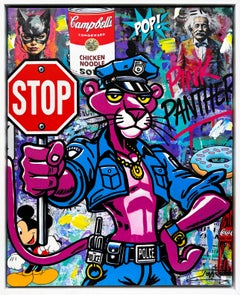 Pink Law (Pink Panther), peinture originale avec cadre peint sur mesure