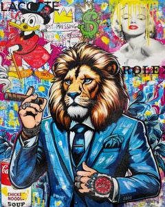 Rolex rouge, immense peinture originale avec poussière de diamant, 60x48 pouces, Lion