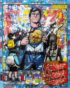 Super Coin! Huge Original Painting on Canvas, Signed, 60x48 in. Stretched