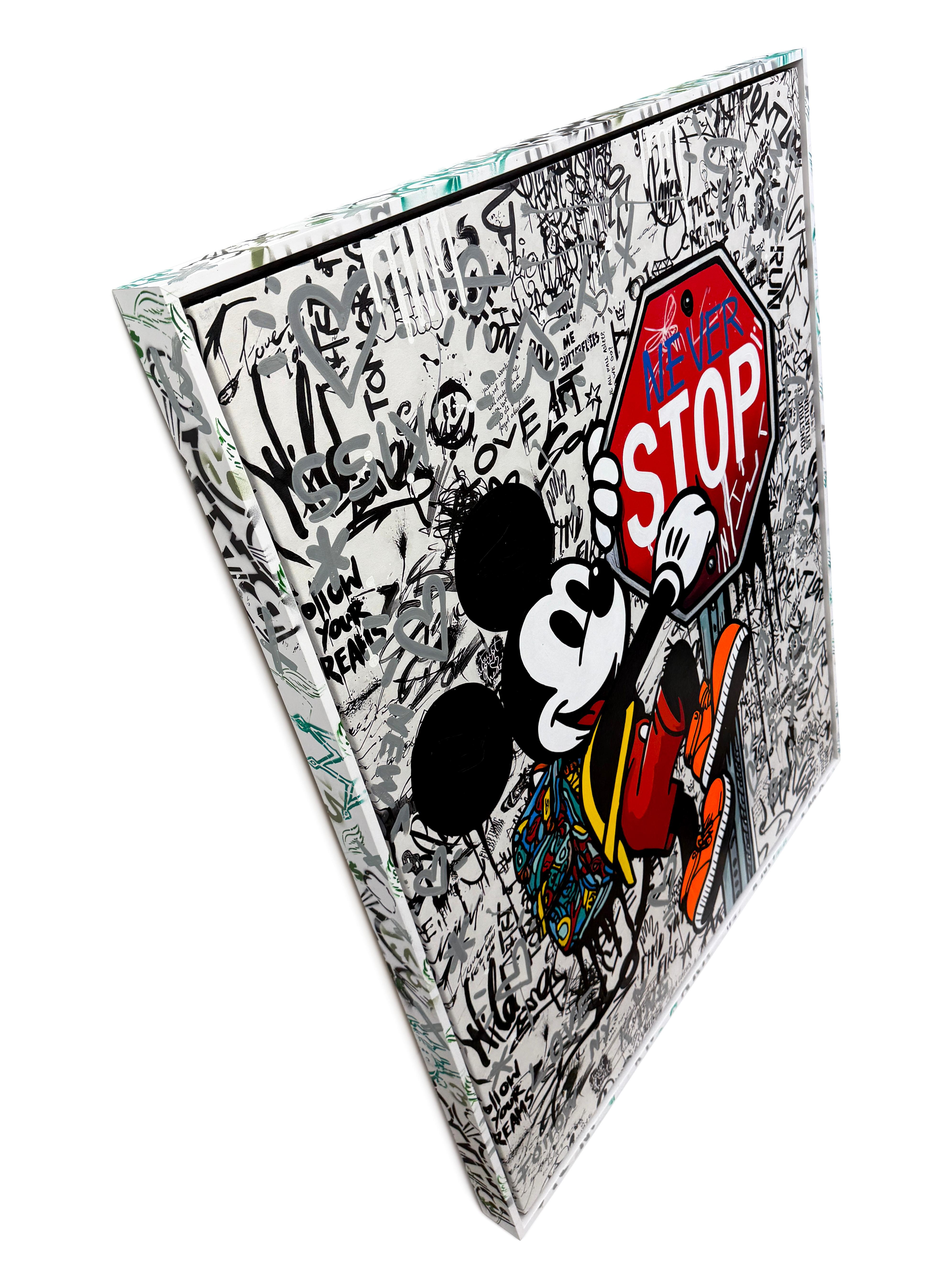 The Climber (Mickey Mouse), large original painting with custom painted frame - Street Art Painting by Jozza