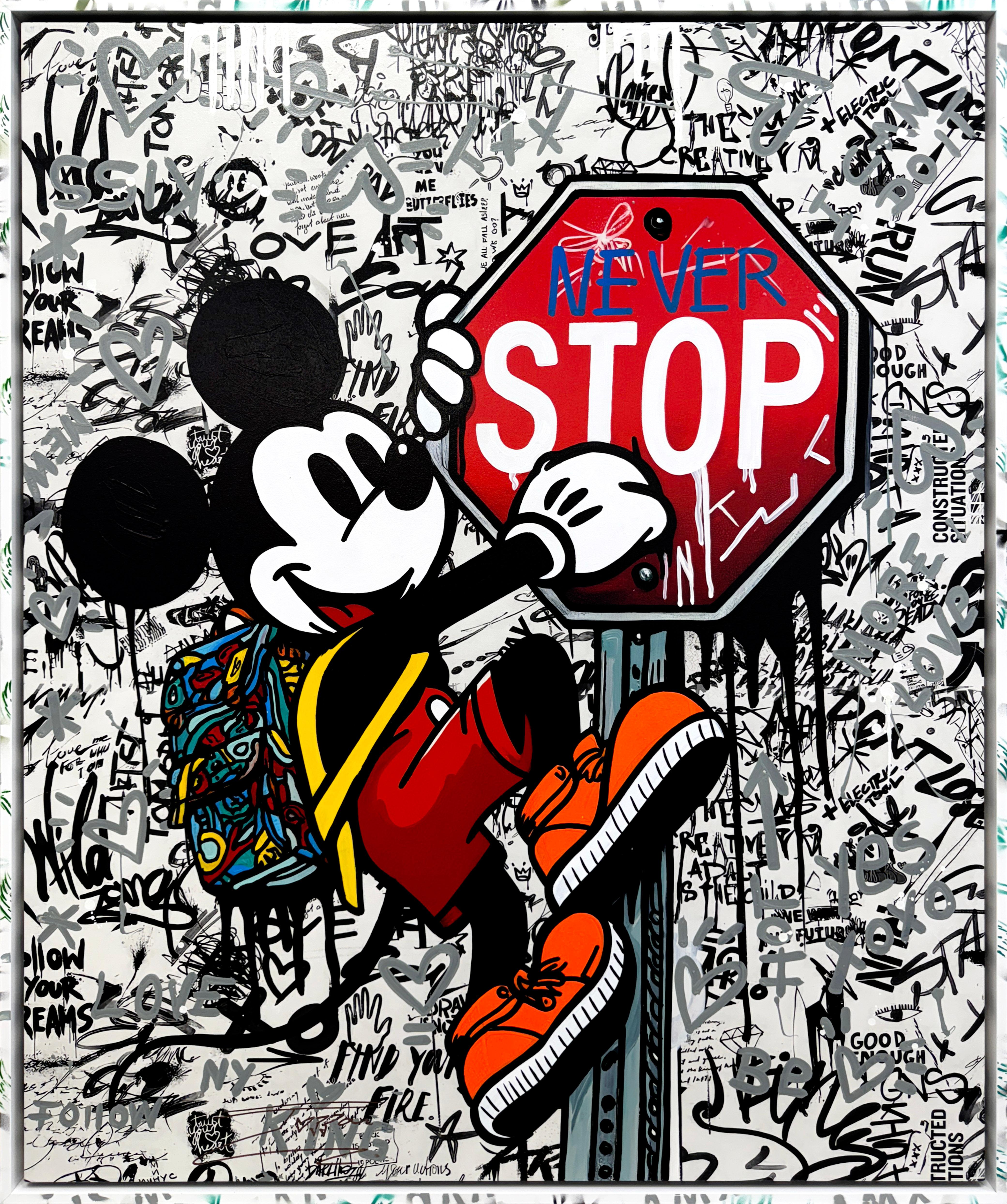 Jozza Figurative Painting - The Climber (Mickey Mouse), large original painting with custom painted frame