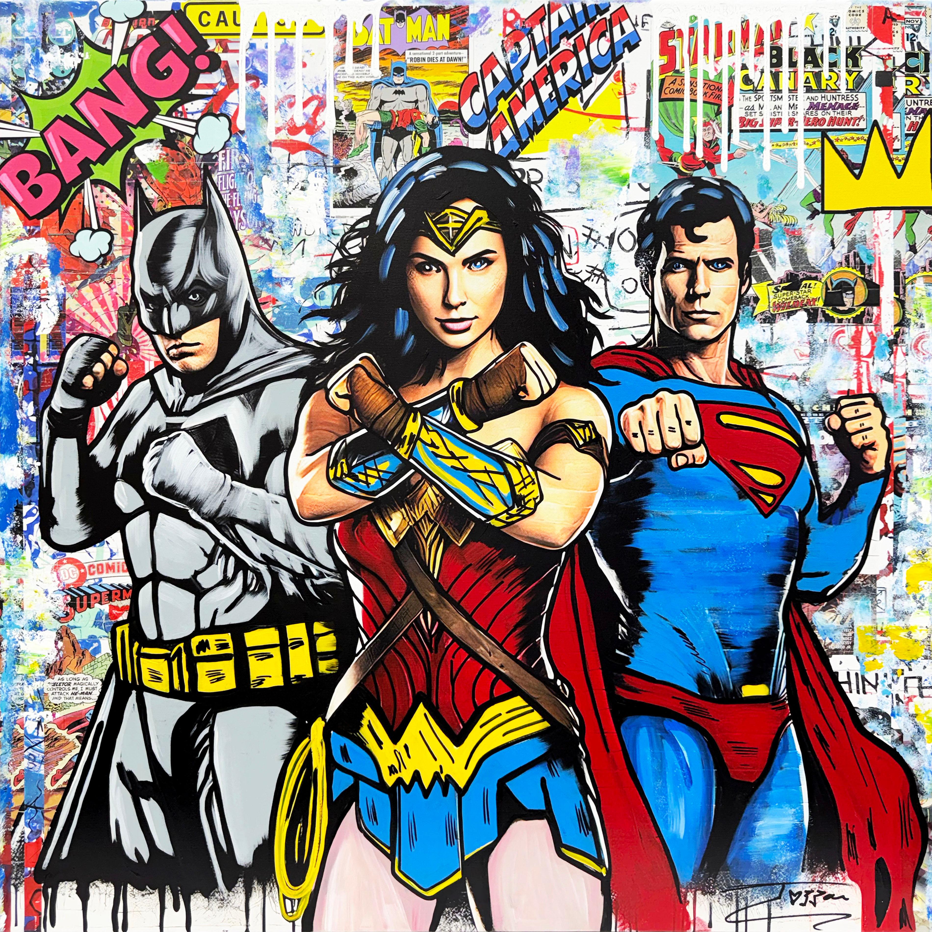 Portrait Painting Jozza - La Trinité ! (Batman Superman Wonder Woman), peinture originale