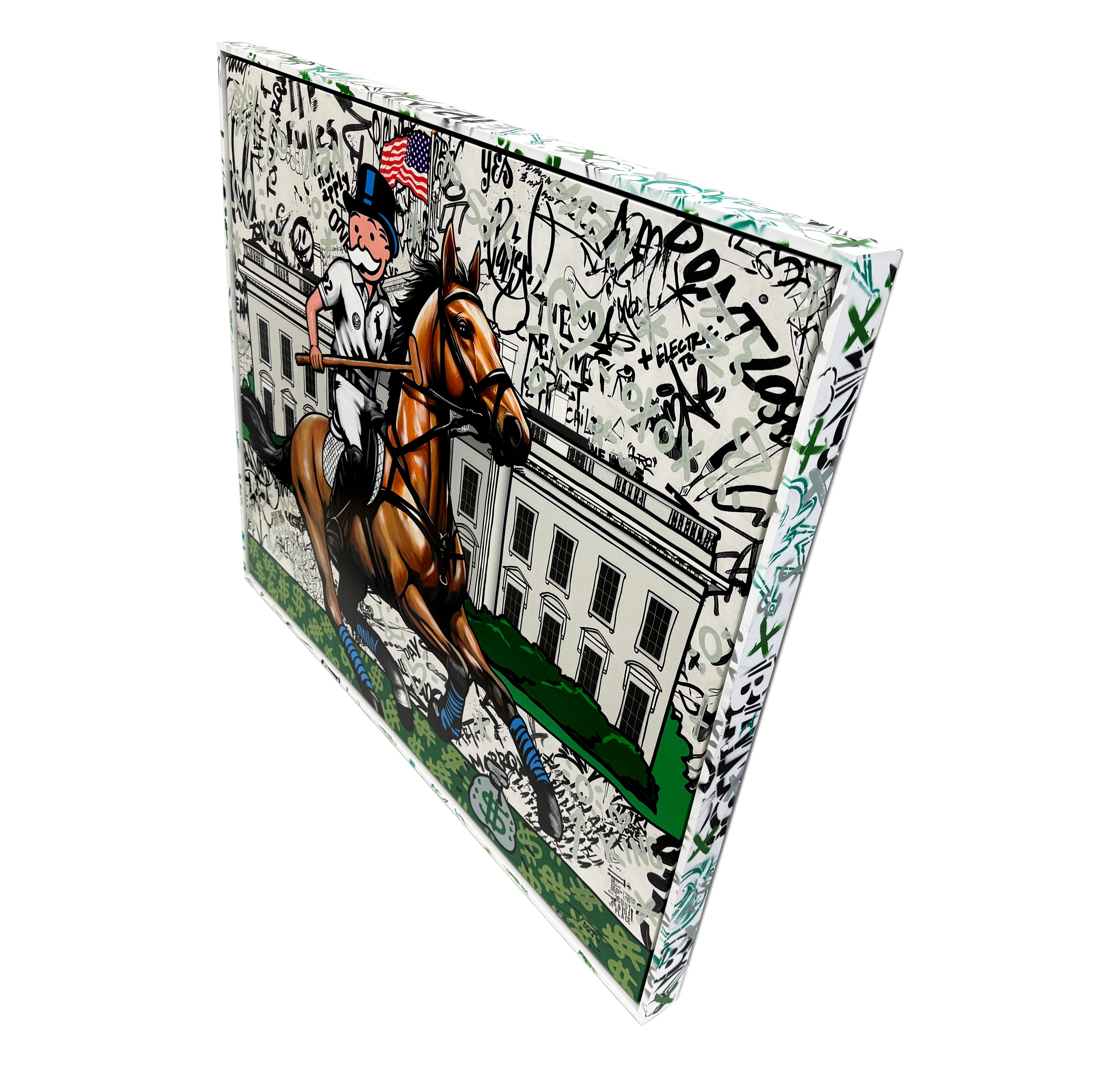 White House Polo (Monopoly), großes Originalgemälde mit individuell bemaltem Rahmen – Painting von Jozza