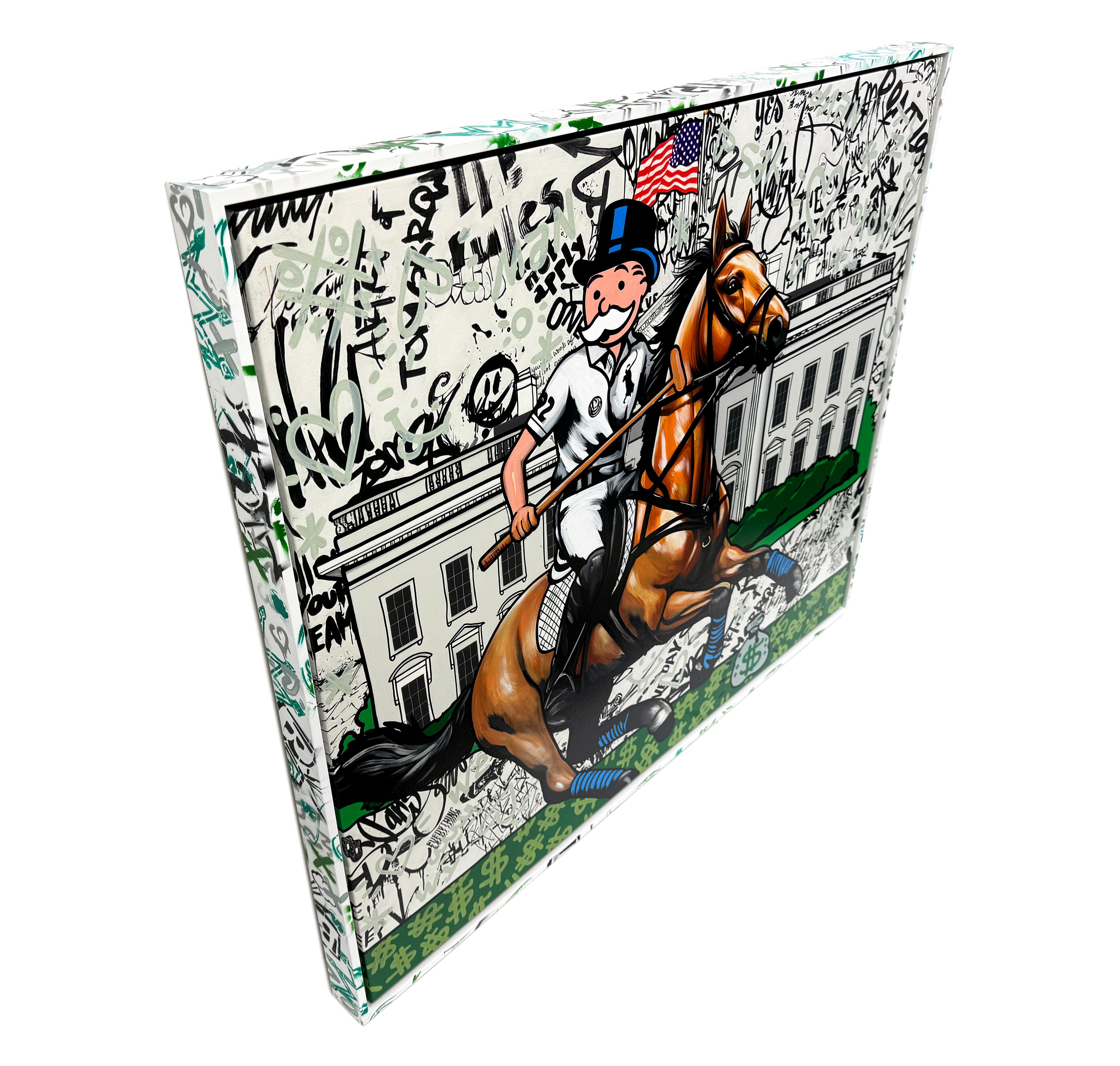 White House Polo (Monopoly), großes Originalgemälde mit individuell bemaltem Rahmen (Streetart), Painting, von Jozza