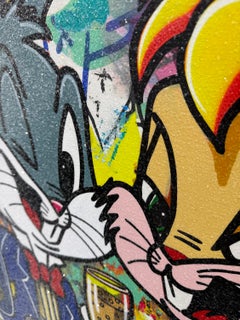Vino Para Dos, Enorme Pintura Original con Polvo de Diamante, 60x48 pulgadas, Bugs Bunny