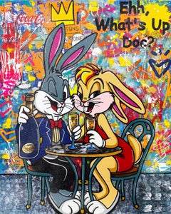 Vino Para Dos, Enorme Pintura Original con Polvo de Diamante, 60x48 pulgadas, Bugs Bunny