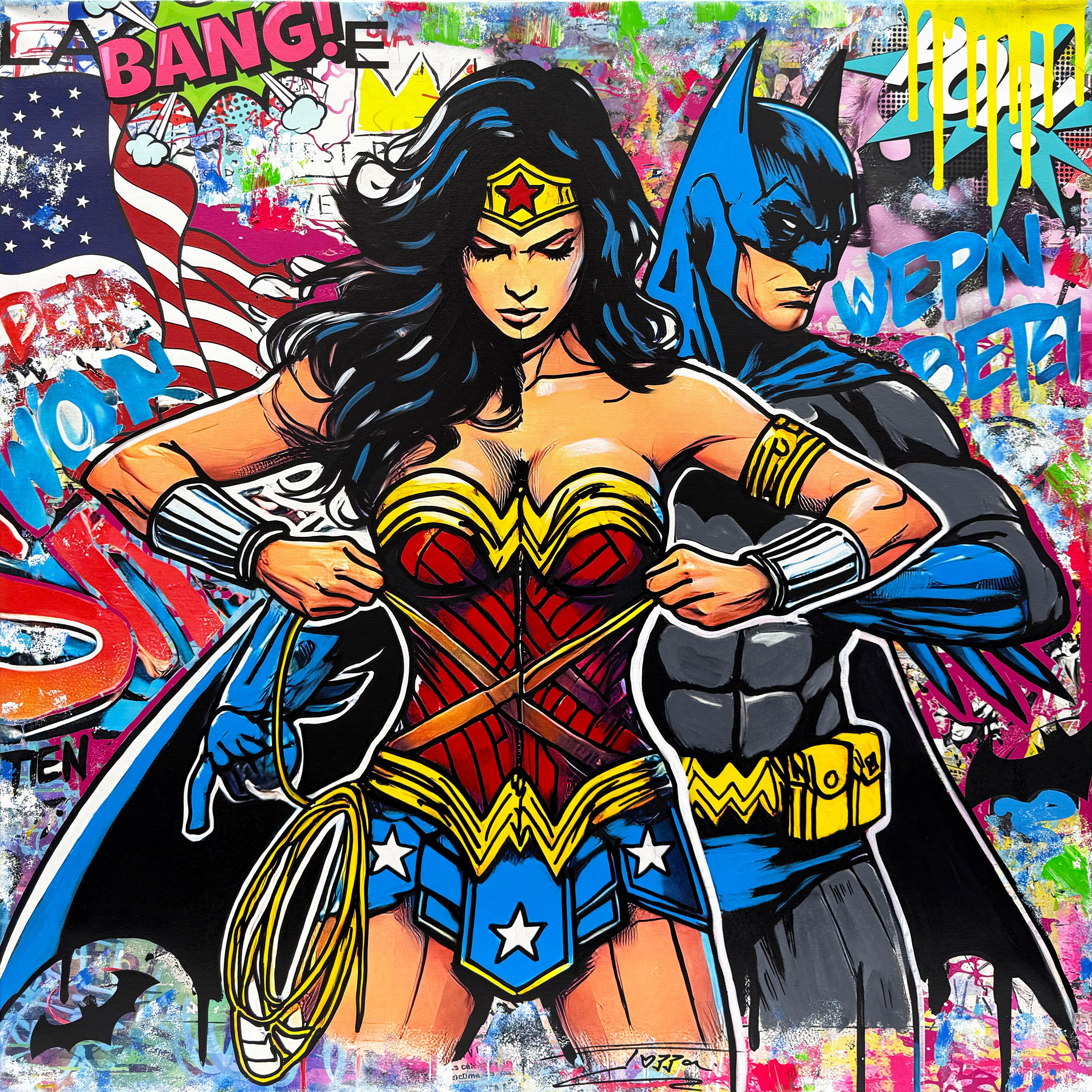 Jozza Portrait Painting – WonderBat (Batman Wonder Woman), Originalgemälde