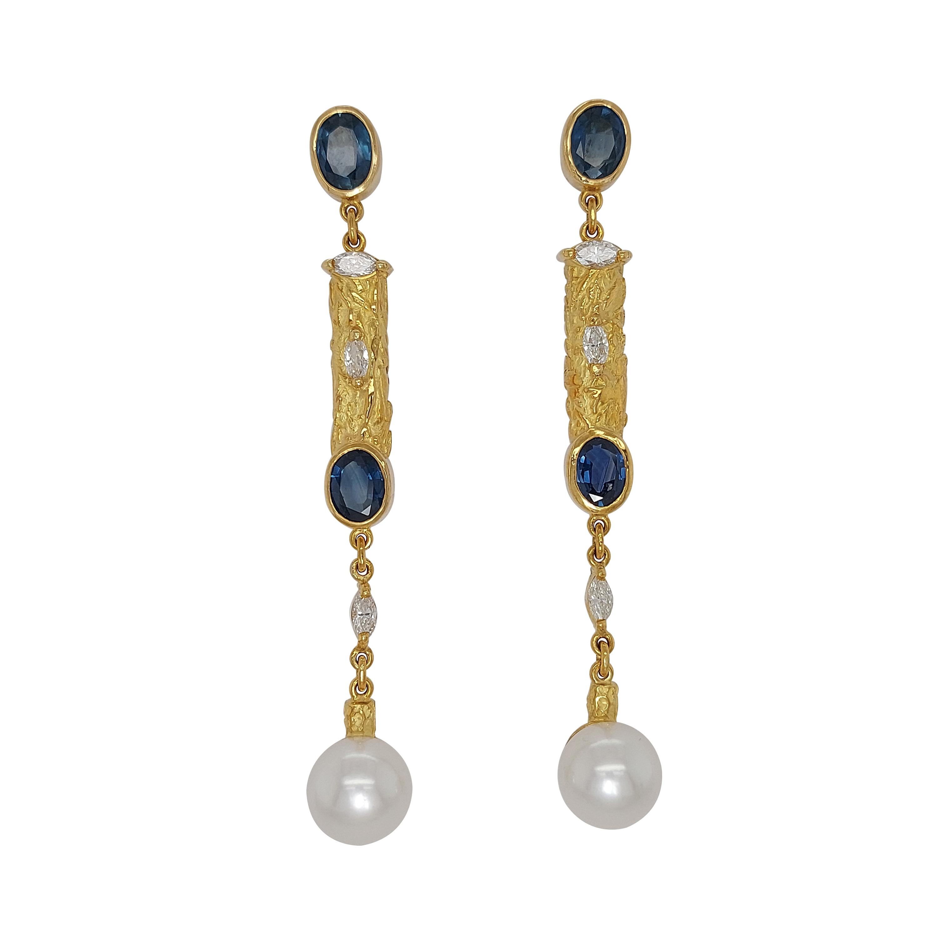 J.P De Saedeleer 18 Kt gold Earrings with 5.84 Ct Sapphires, Diamonds, Pearl For Sale
