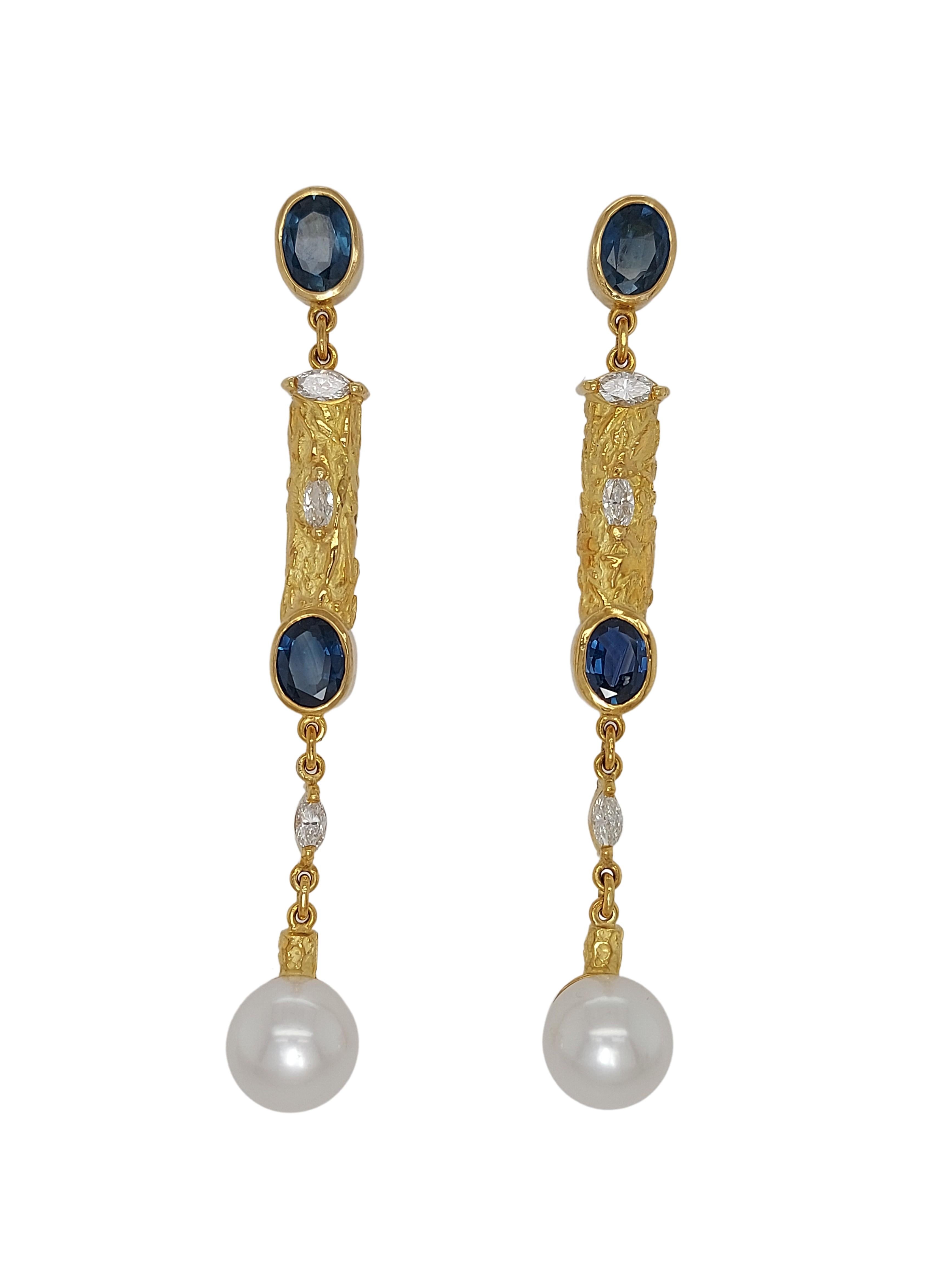 Artist J.P De Saedeleer 18 Kt gold Earrings with 5.84 Ct Sapphires, Diamonds, Pearl For Sale