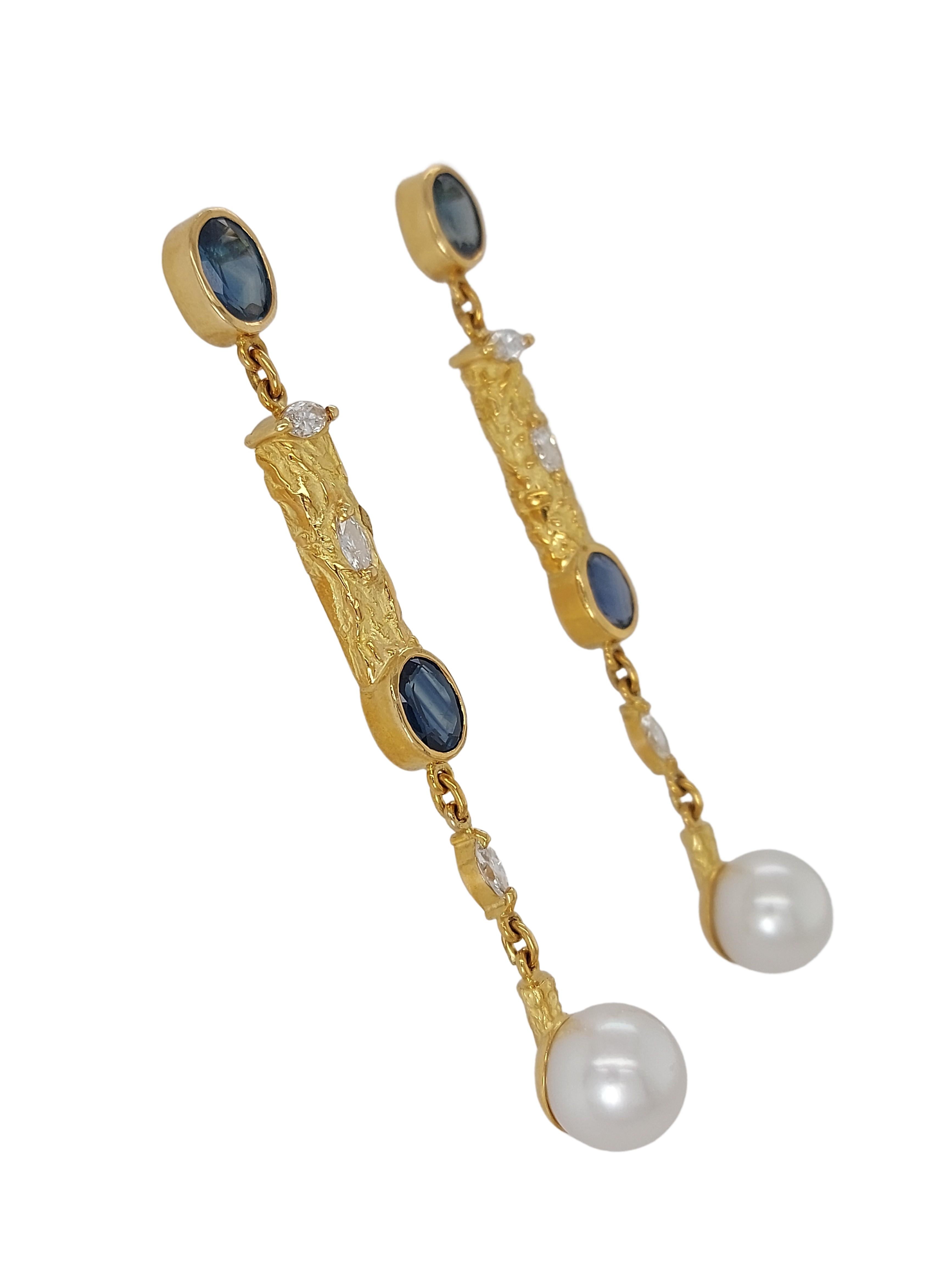 Oval Cut J.P De Saedeleer 18 Kt gold Earrings with 5.84 Ct Sapphires, Diamonds, Pearl For Sale