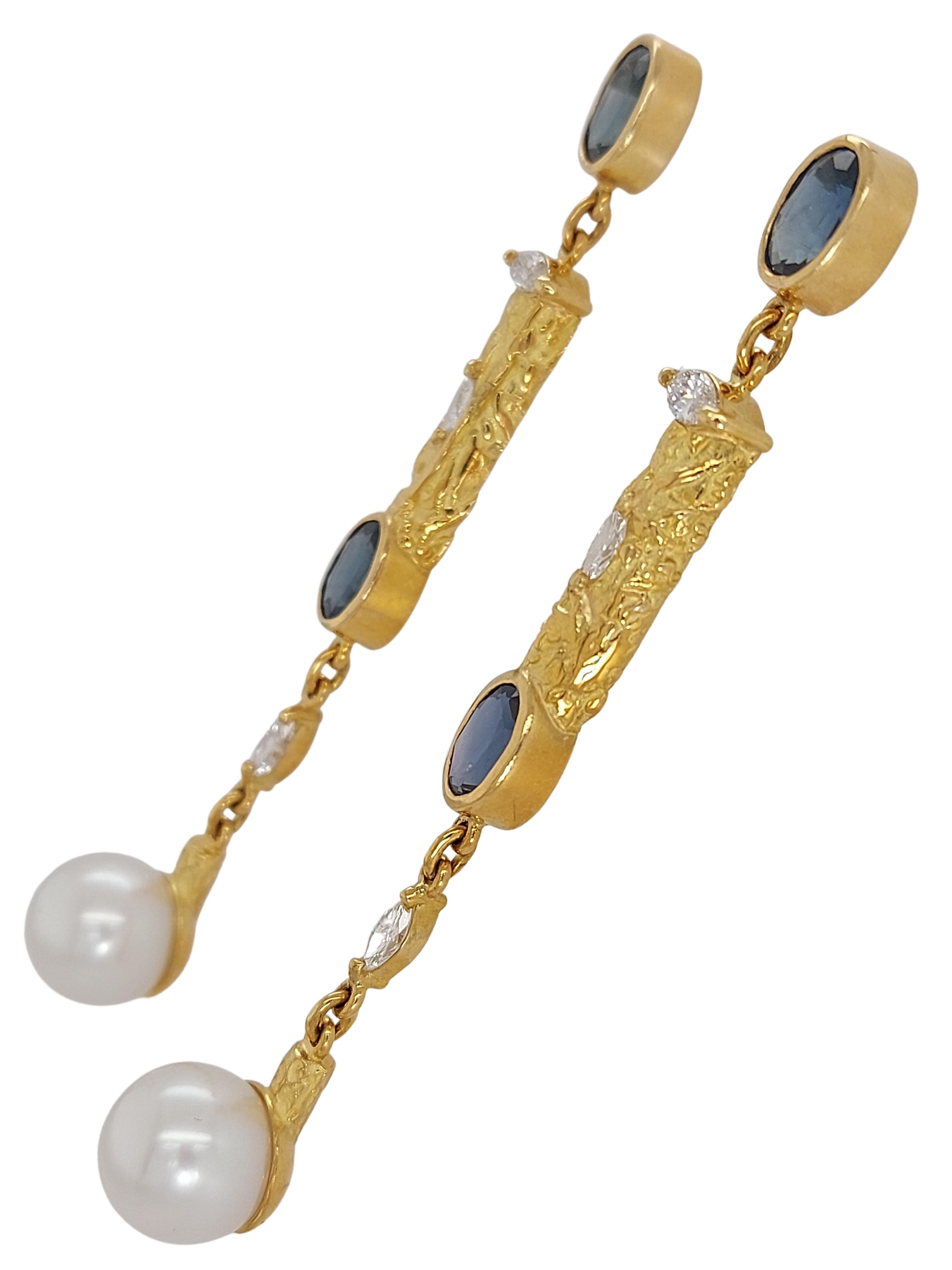 J.P De Saedeleer 18 Kt gold Earrings with 5.84 Ct Sapphires, Diamonds, Pearl For Sale 1