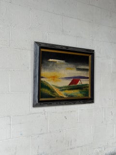 J.P. Peinture à l'huile sur toile représentant un paysage rural, encadrée, datant des années 1970