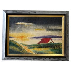 J.P. Peinture à l'huile sur toile représentant un paysage rural, encadrée, datant des années 1970