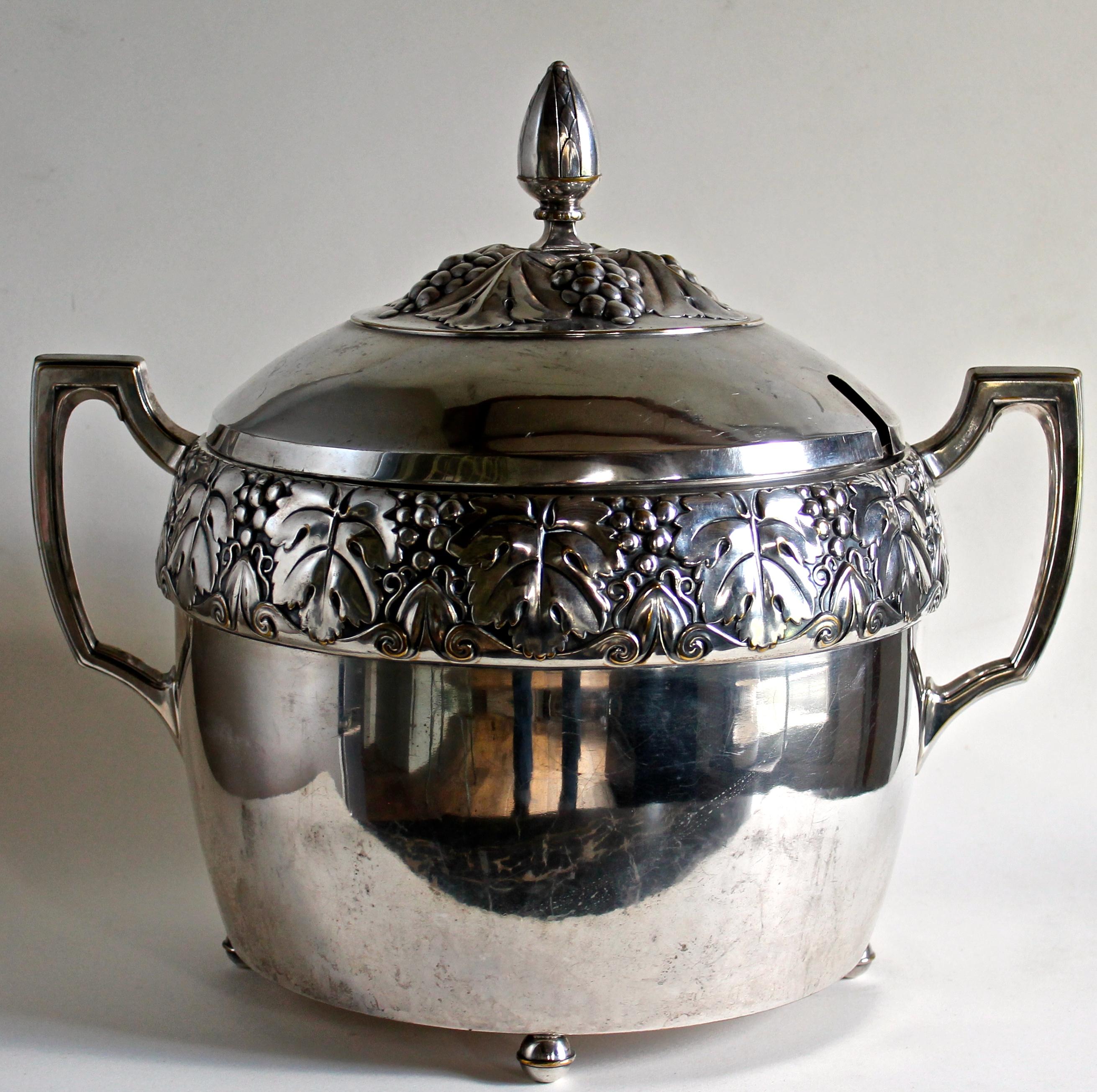 Most likely designed by Karl Berghof, designer for J P Kayser Sohn (KaiserZinn) 1900-1909. Very large Soup Tureen/Punch Bowl. Height to top of lid finial 15