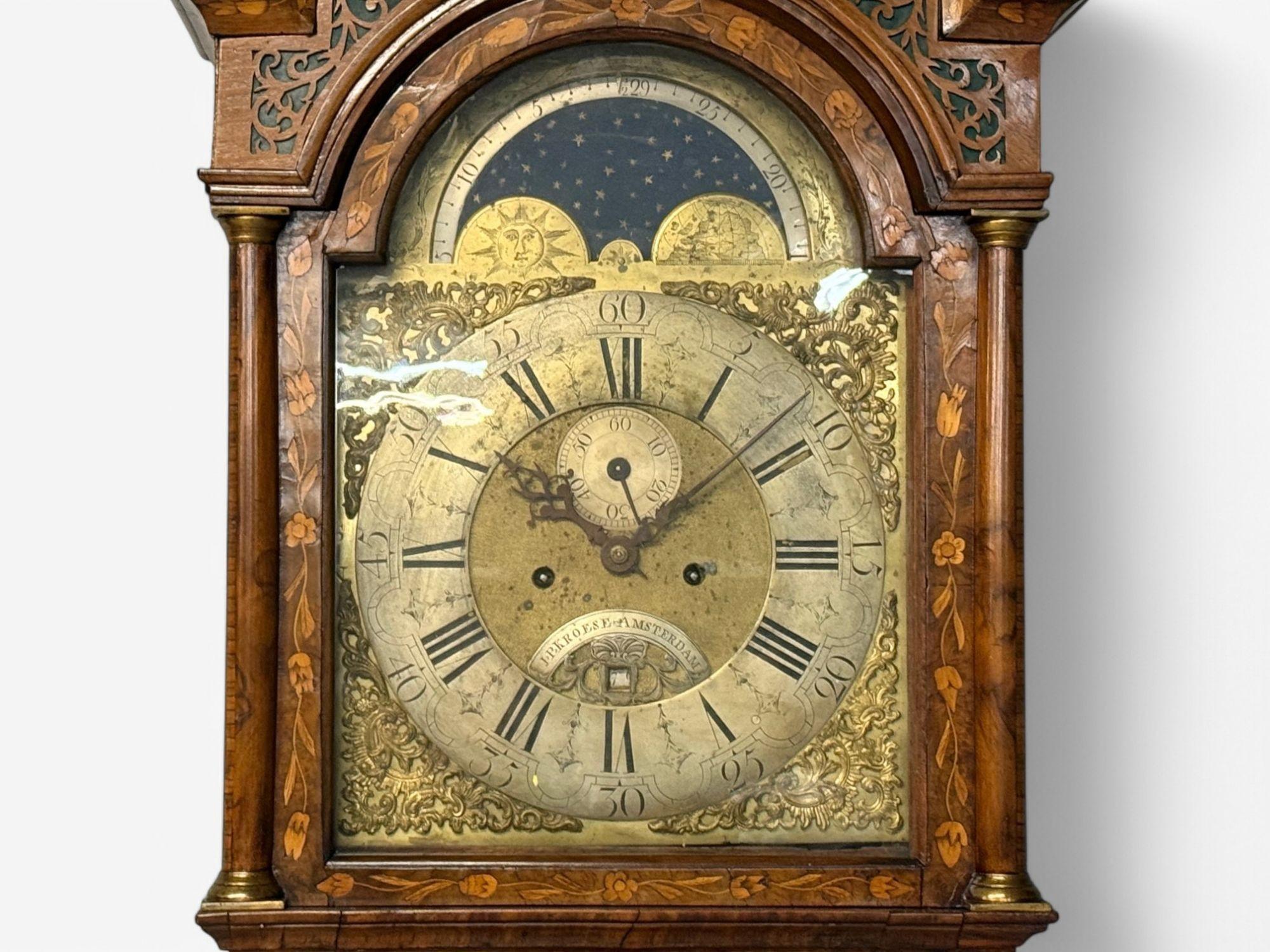 JP Kroese, Dutch Baroque, Marquetry, Moon Face Dial, Grandfather Clock, 18th C For Sale 9