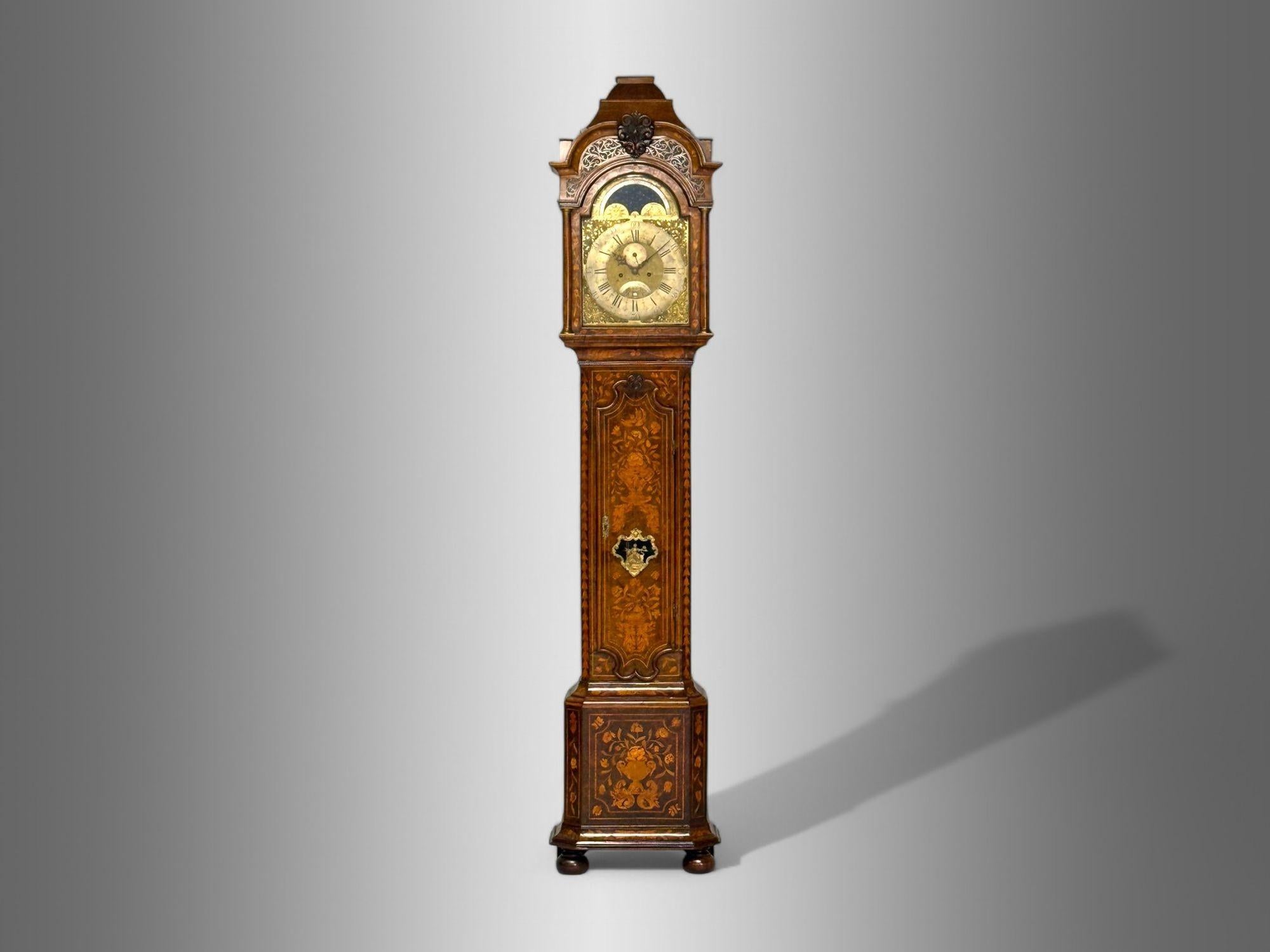 JP Kroese, Dutch Baroque, Marquetry, Moon Face Dial, Grandfather Clock, 18th C In Good Condition For Sale In Manhasset, NY