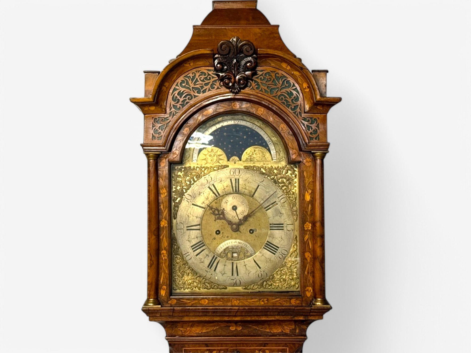 Brass JP Kroese, Dutch Baroque, Marquetry, Moon Face Dial, Grandfather Clock, 18th C For Sale