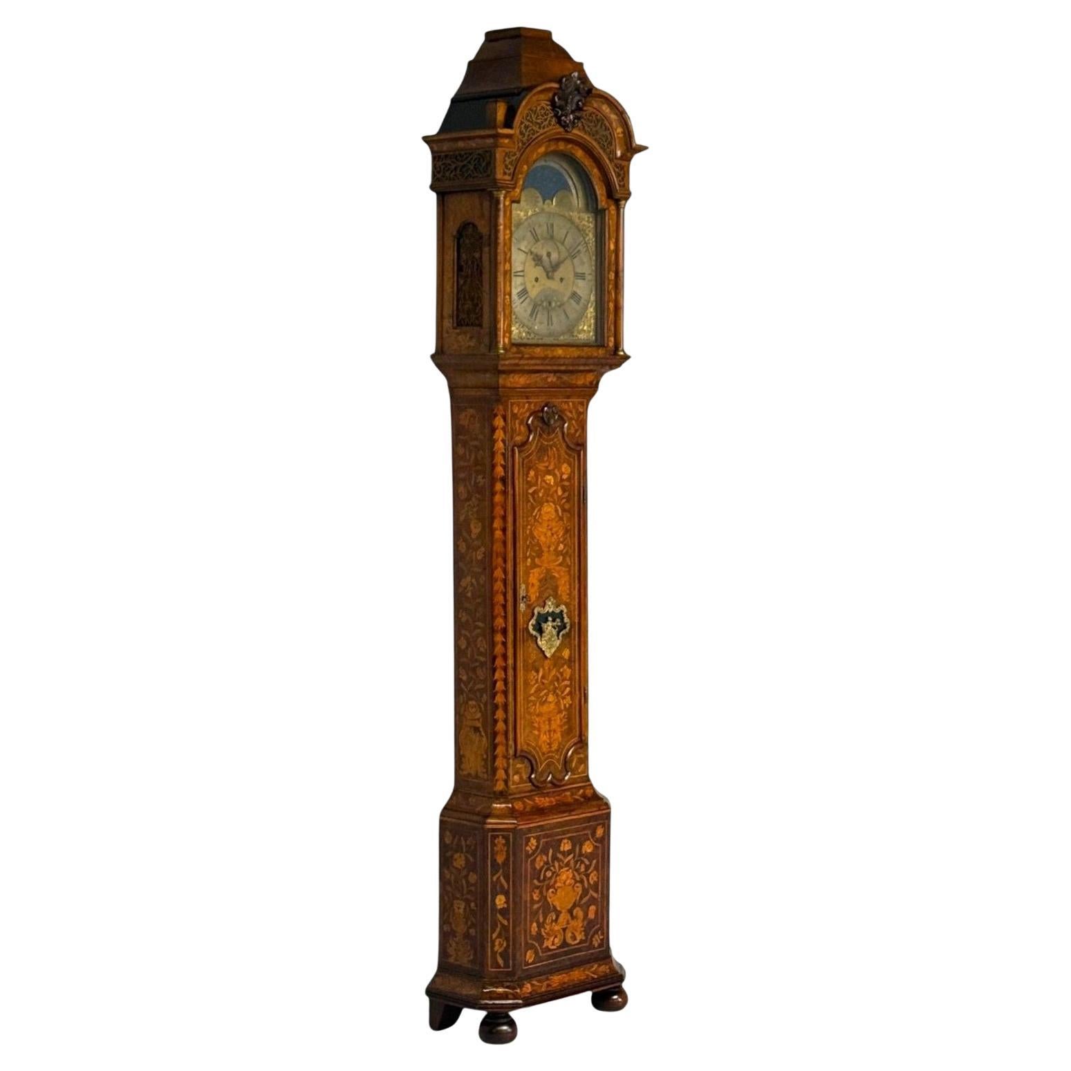 JP Kroese, Dutch Baroque, Marquetry, Moon Face Dial, Grandfather Clock, 18th C
