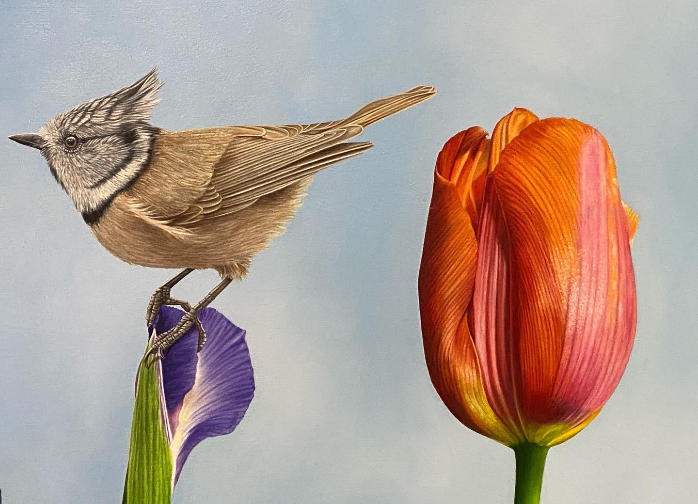 Bird, ladybird & flowers- 21st Century Contemporary hyper realistic Painting 3