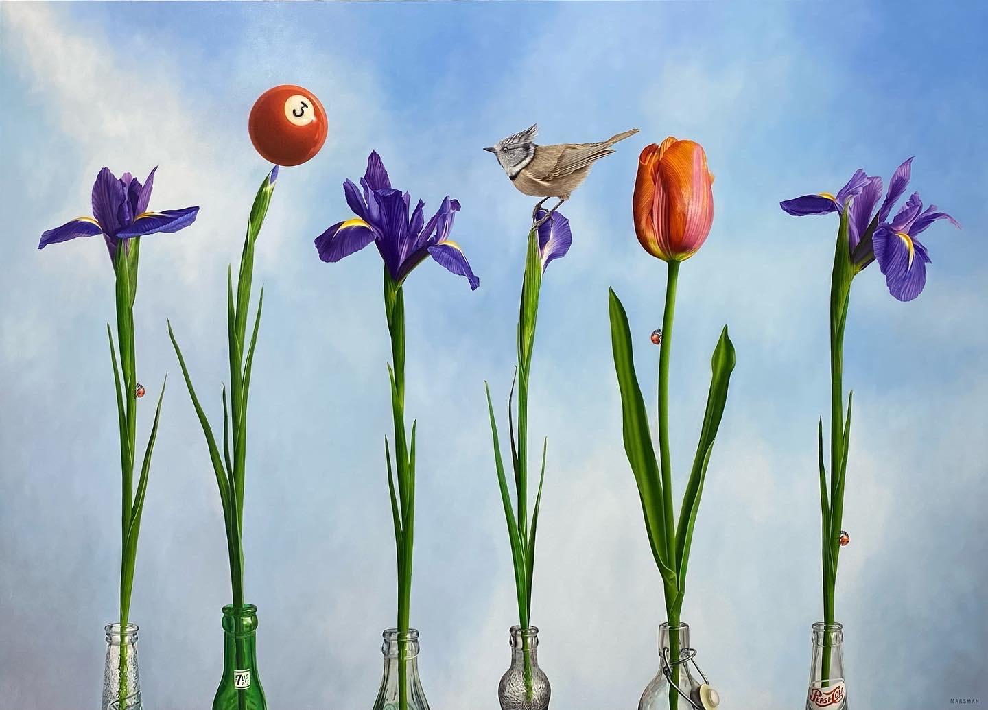 JP Marsman Figurative Painting - Bird, ladybird & flowers- 21st Century Contemporary hyper realistic Painting