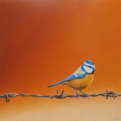 Freedom IX – 21. Jahrhundert  Gemälde eines Vogels auf gestapeltem Draht