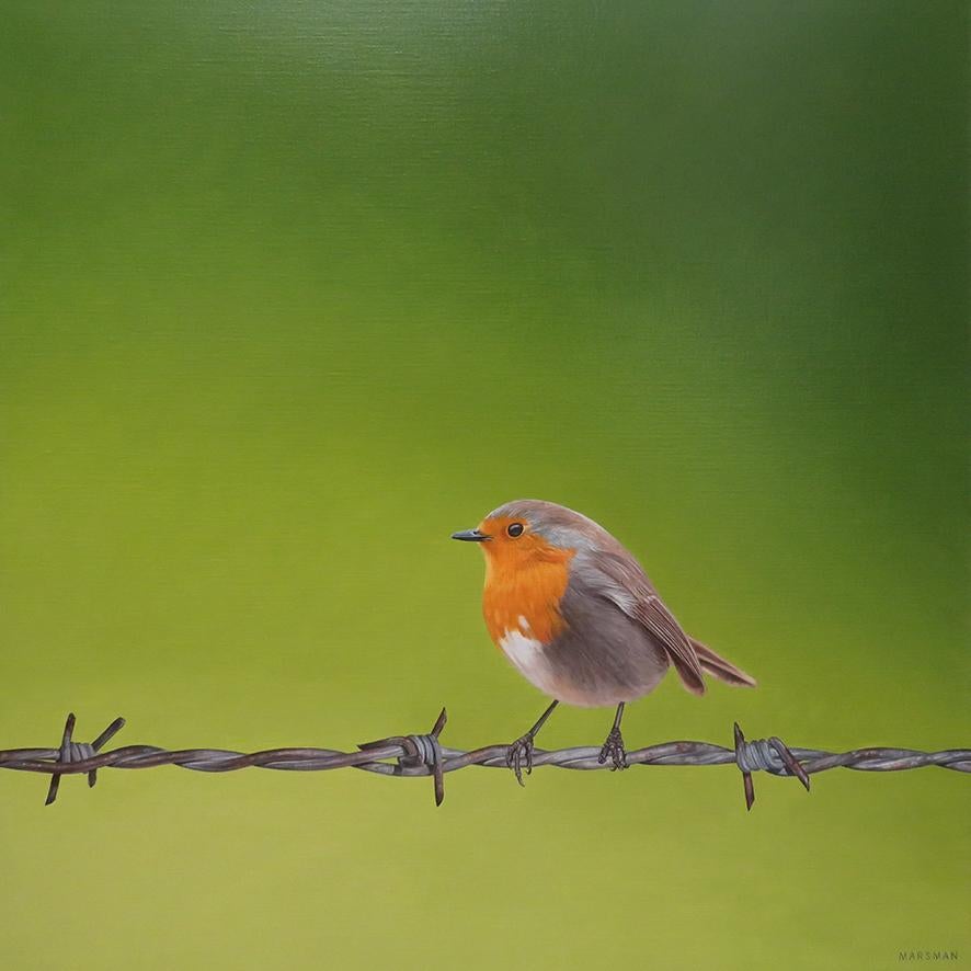 Freedom VII – 21. Jahrhundert  Gemälde eines Vogels auf gestapeltem Draht
