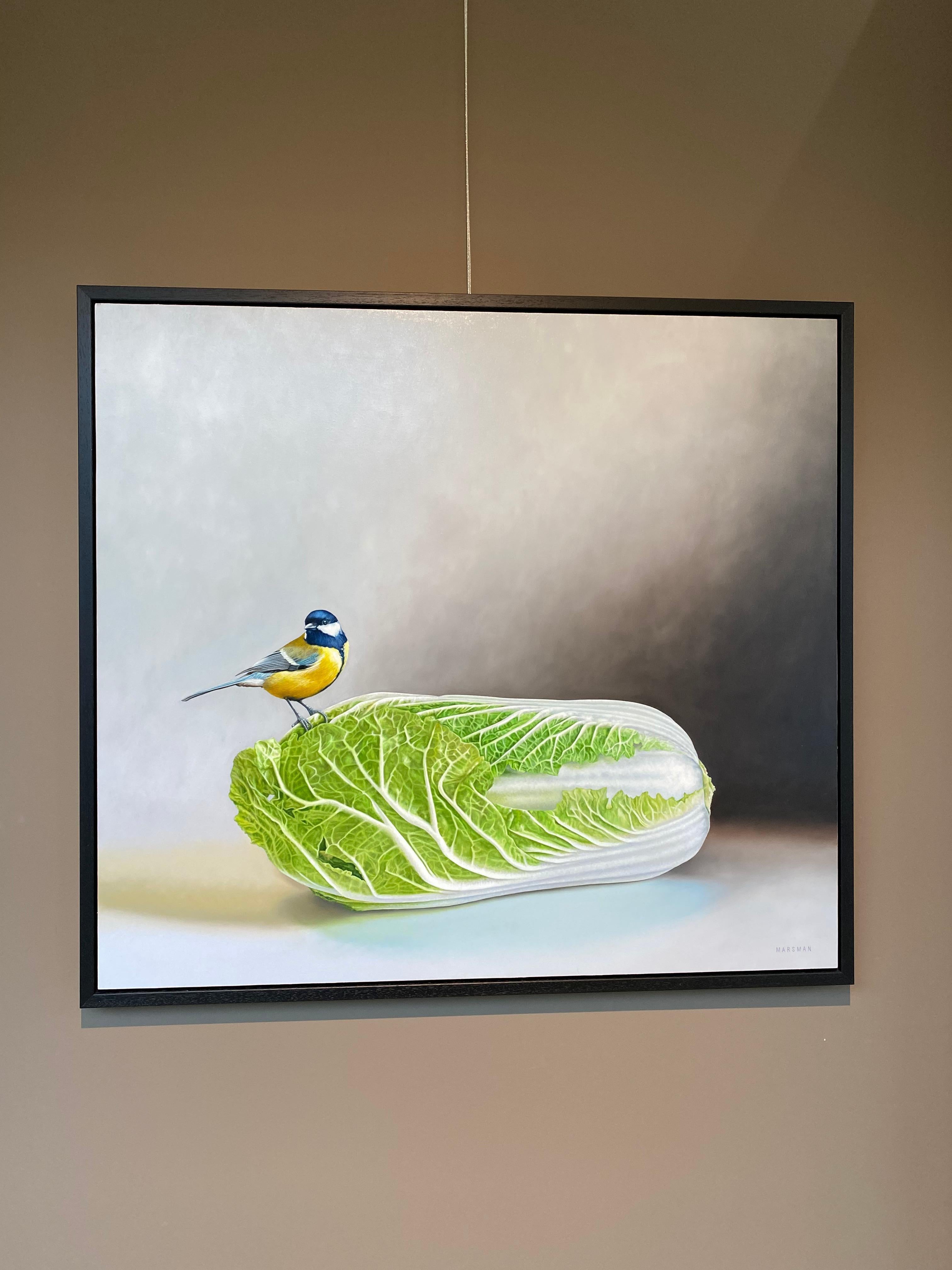 Great Tit- 21st Century Hyperrealistic painting of a tit on a cabbage. - Painting by JP Marsman