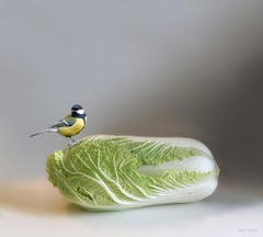 Great Tit- 21st Century Hyperrealistic painting of a tit on a cabbage.