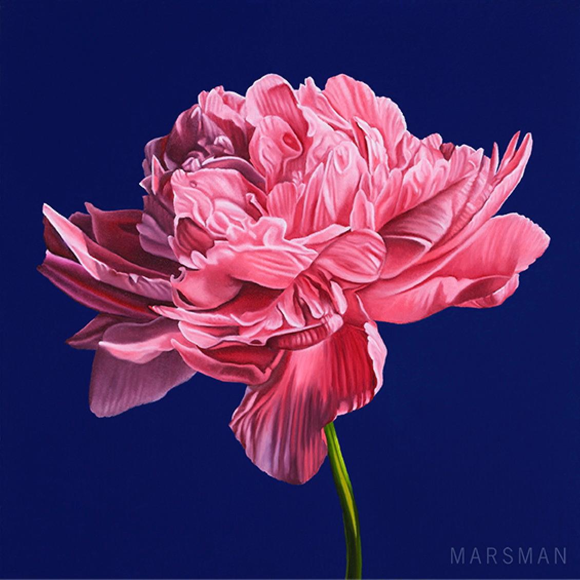 Figurative Painting di JP Marsman - Peonia - Quadro ad olio iperrealistico del 21° secolo raffigurante un fiore di peonia