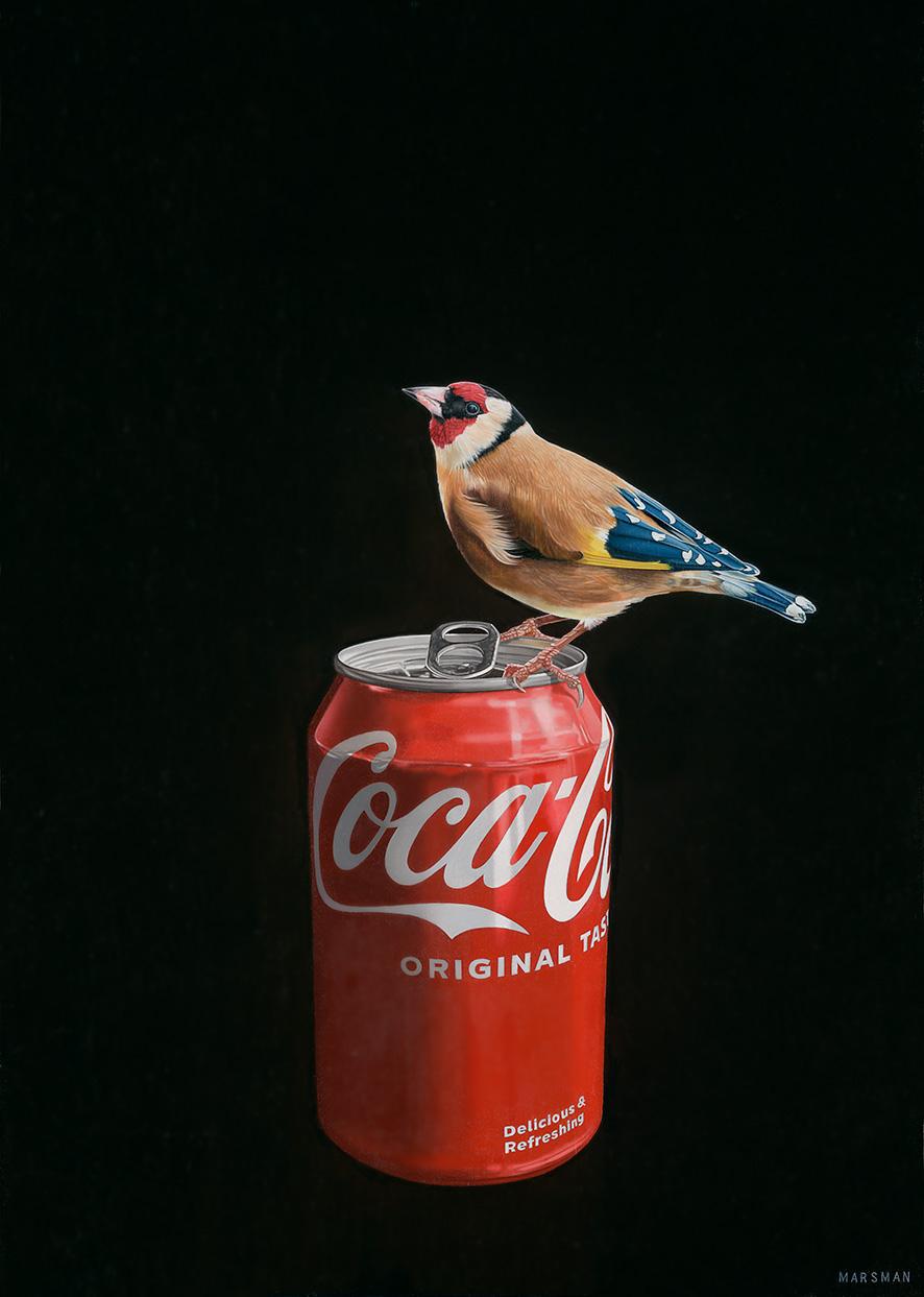 Putter on Coca Cola- 21st Century hyper realistic painting of a bird on coke can