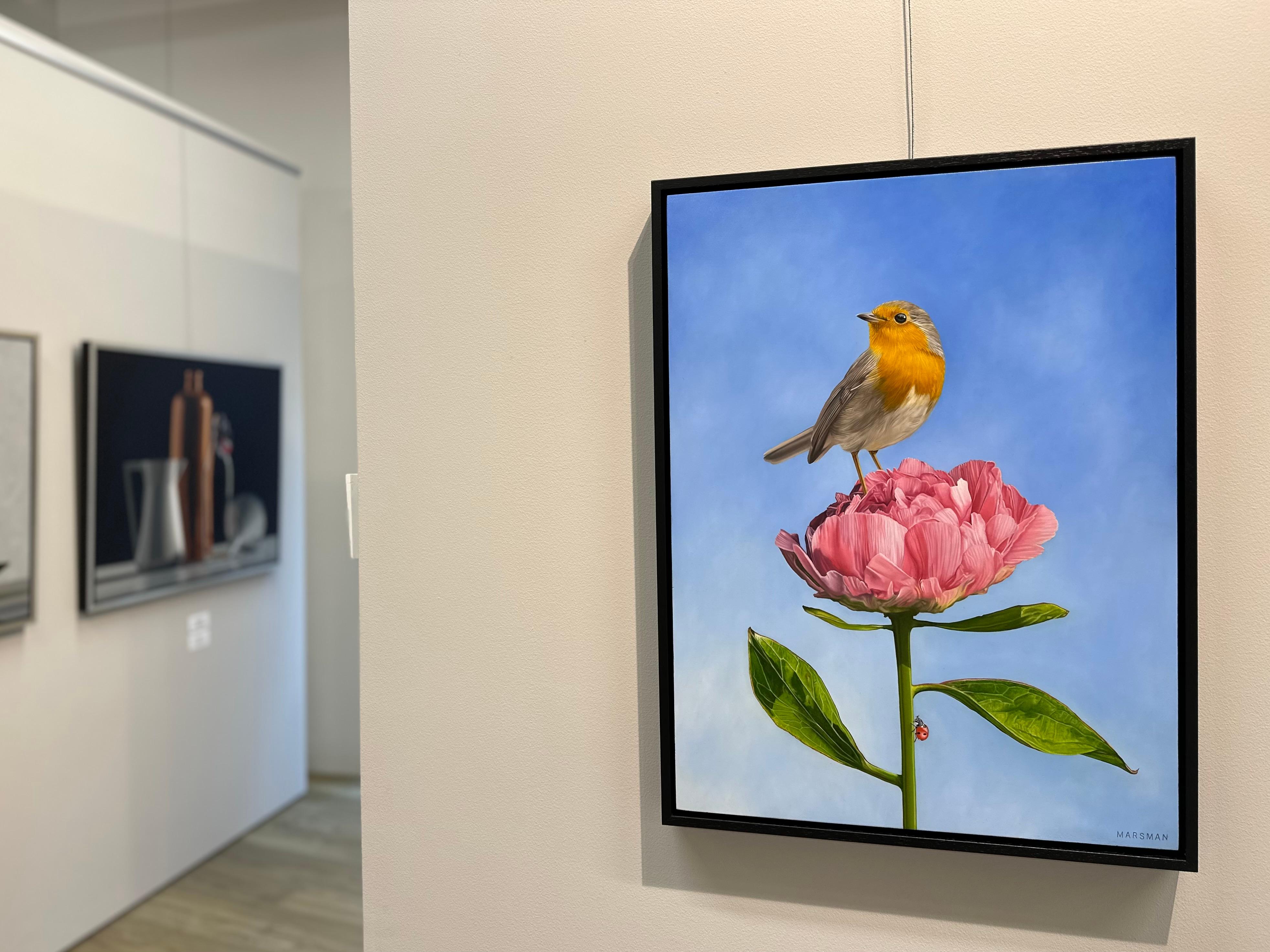 Robin on Peony-21st Century Contemporary Realistic Painting of Robin with Peony. - Blue Animal Painting by JP Marsman