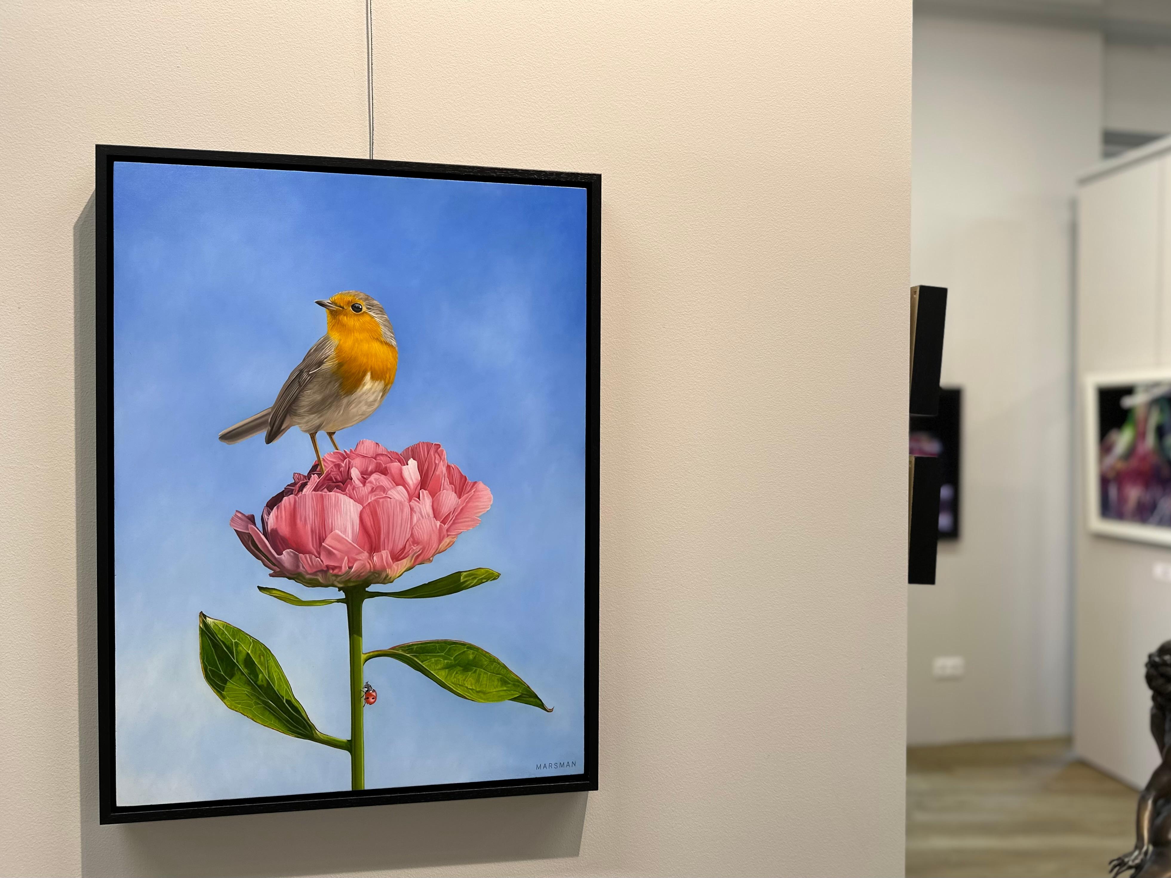 Robin on Peony-21st Century Contemporary Realistic Painting of Robin with Peony. 1