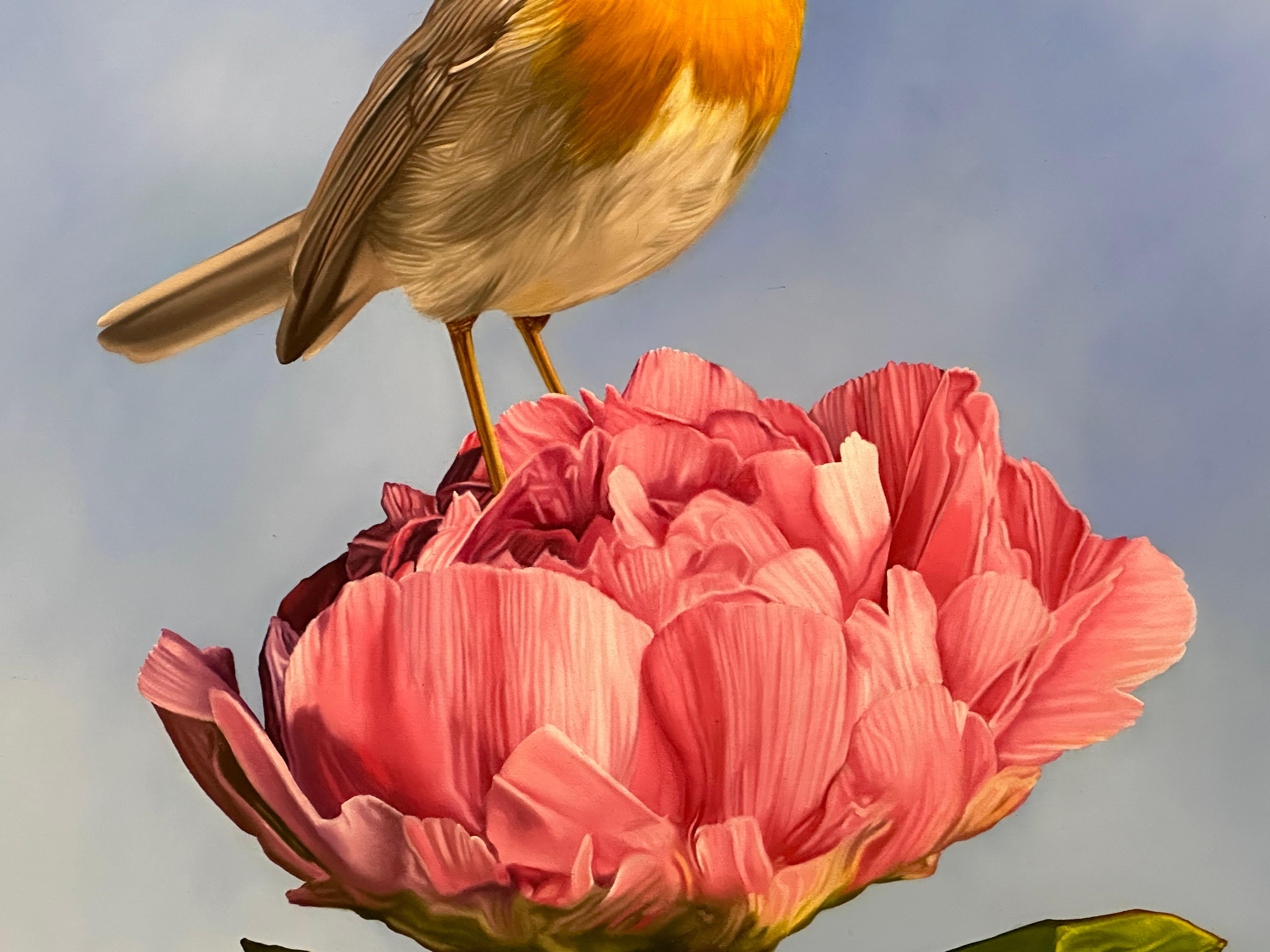 Robin on Peony-21st Century Contemporary Realistic Painting of Robin with Peony. 2