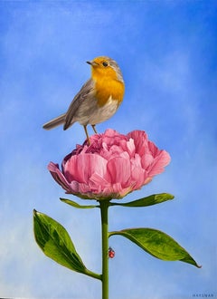 Robin on Peony-21st Century Contemporary Realistic Painting of Robin with Peony.