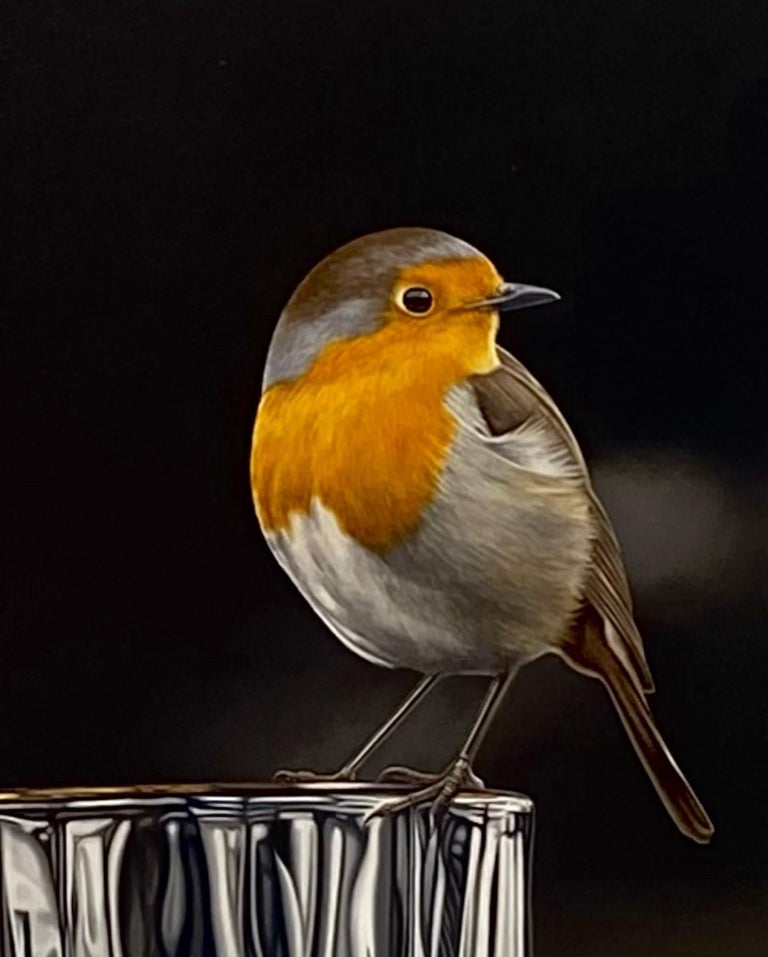 Robin on Whiskey glass- 21st Century Contemporary Hyper Realistic painting  For Sale 1