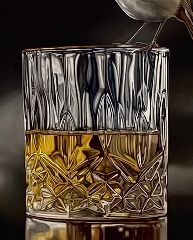 Robin on Whiskey glass- 21st Century Contemporary Hyper Realistic painting  For Sale 3